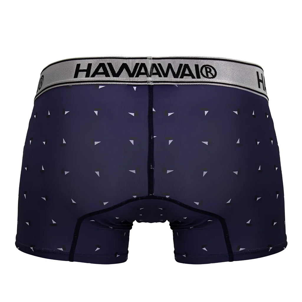 Navy blue hawaiawai 42470 printed microfiber trunks with subtle white and black triangle pattern and gray branded waistband