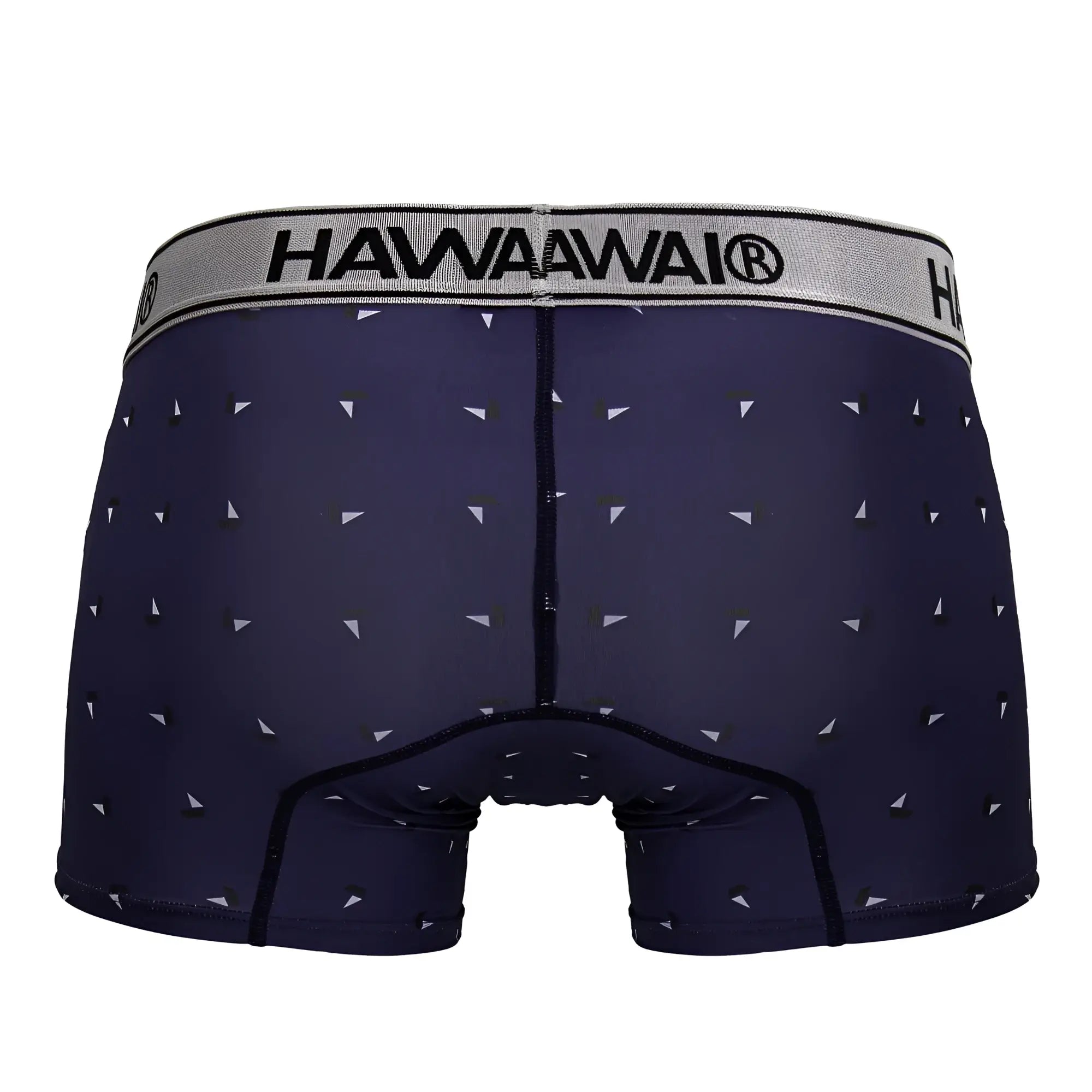 Navy blue hawaiawai 42470 printed microfiber trunks with subtle white and black triangle pattern and gray branded waistband