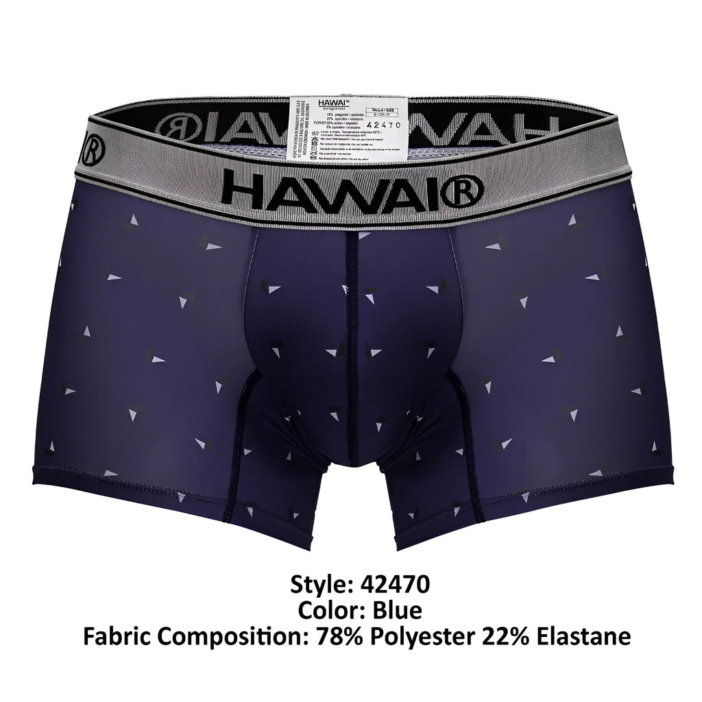 Navy blue hawaI 42470 printed microfiber trunks with small white triangle pattern and gray waistband