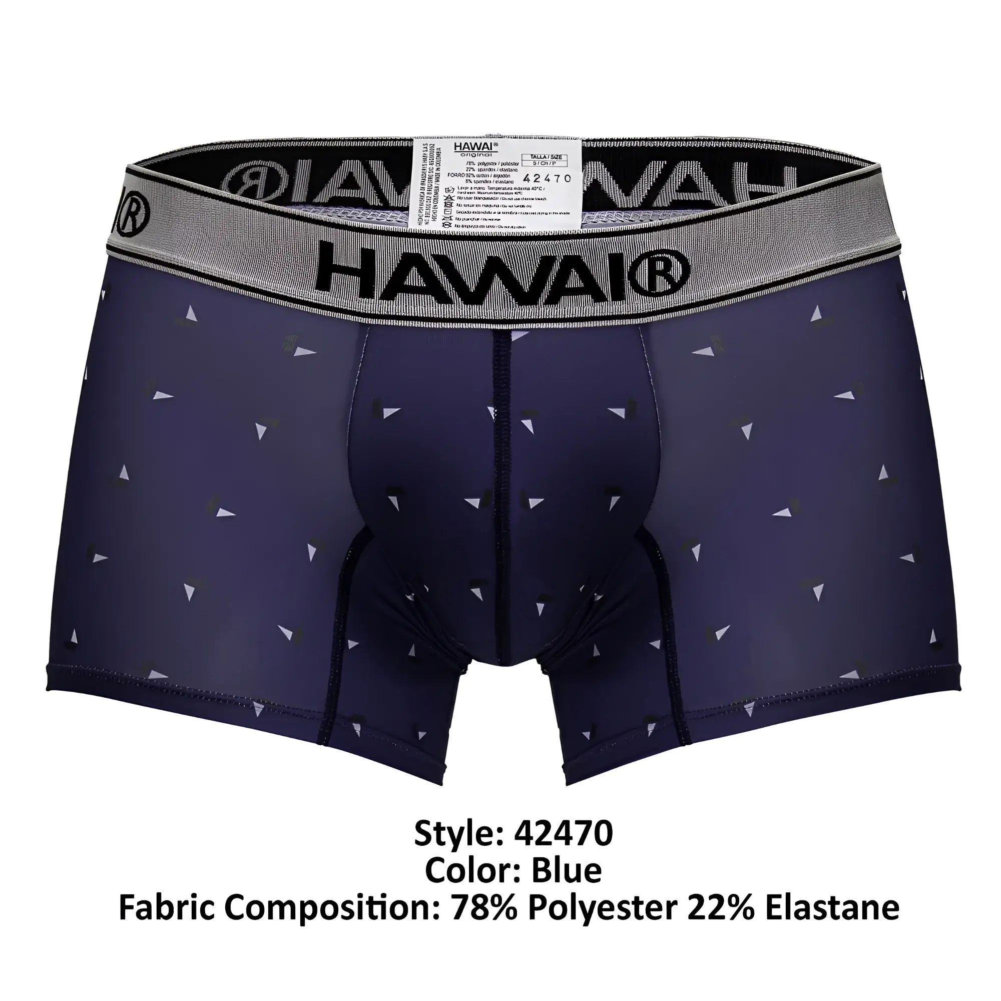Navy blue hawaI 42470 printed microfiber trunks with small white triangle pattern and gray waistband