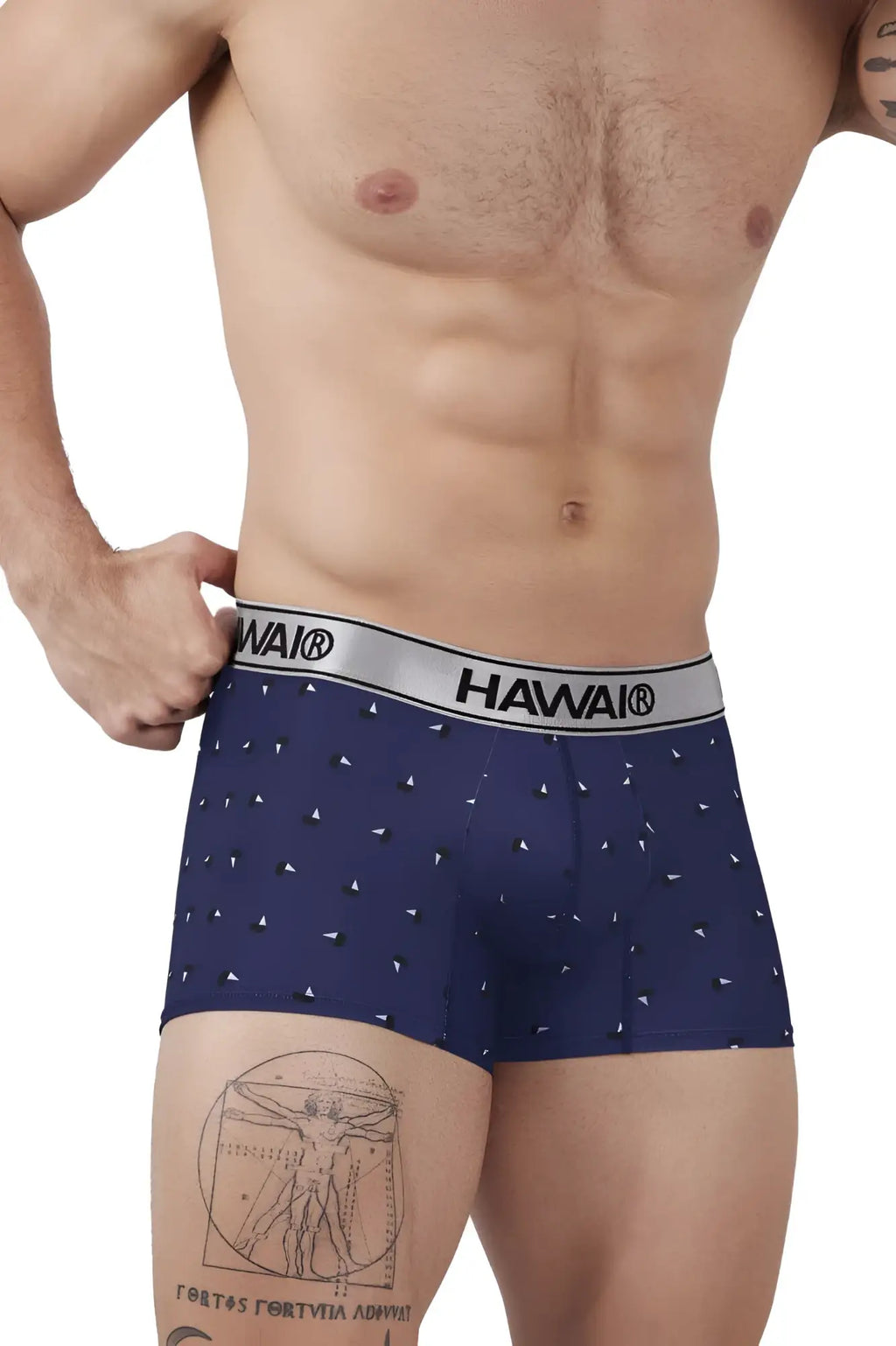 Navy blue hawaI 42470 printed microfiber boxer briefs with subtle white triangles and a silver waistband