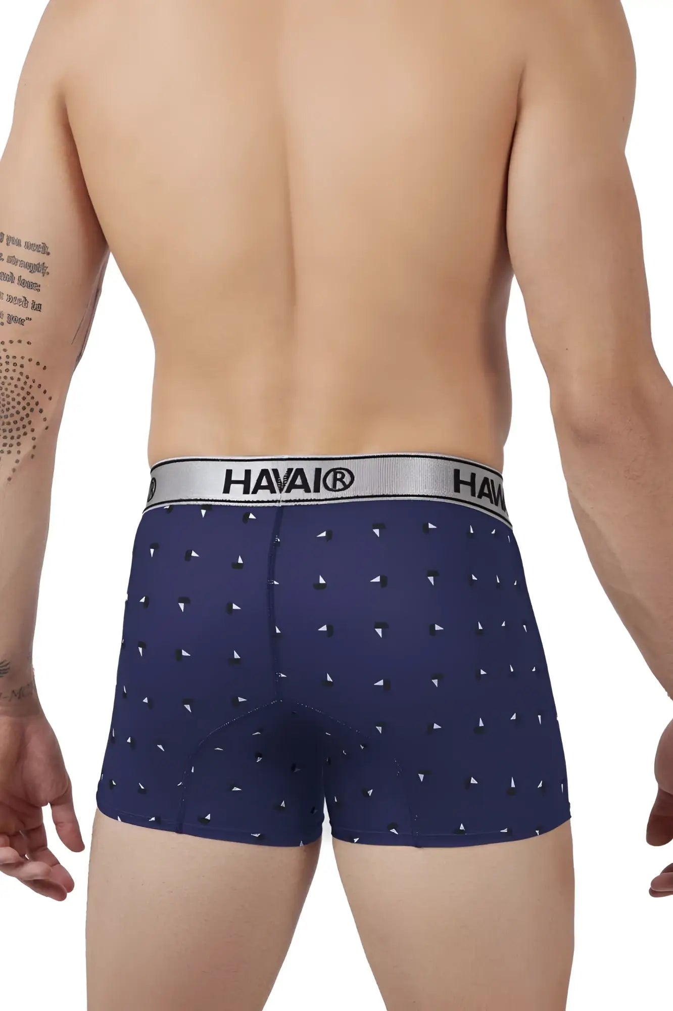 Navy blue hawaio printed microfiber boxer briefs with white triangle pattern and silver waistband