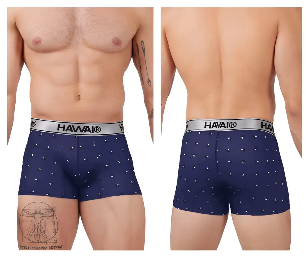 Navy blue havai 42470 printed microfiber boxer briefs with white triangle pattern and silver waistband with brand name