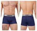 Navy blue havai 42470 printed microfiber boxer briefs with white triangle pattern and silver waistband with brand name