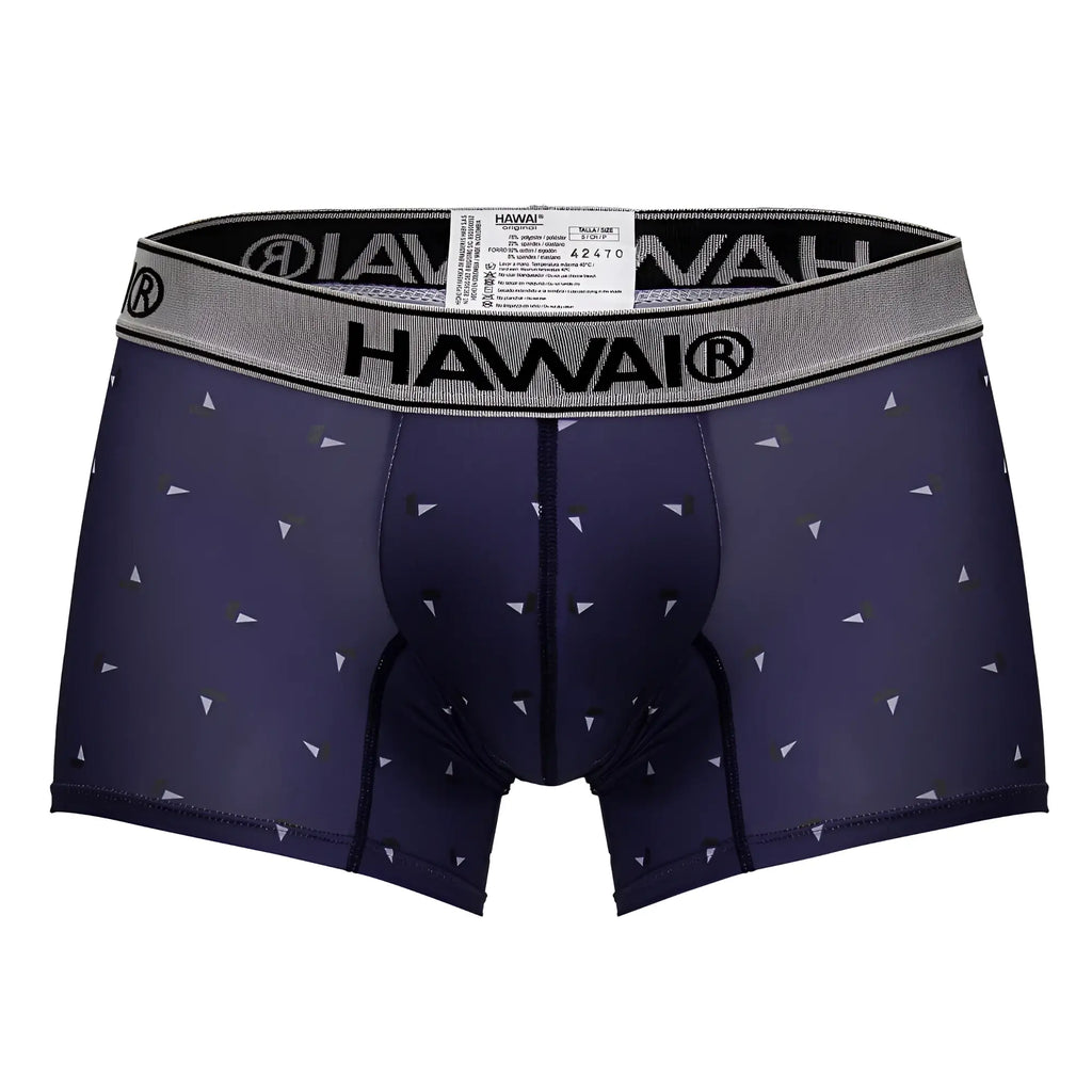 Navy blue hawai 42470 printed microfiber boxer briefs with subtle white and gray triangle pattern
