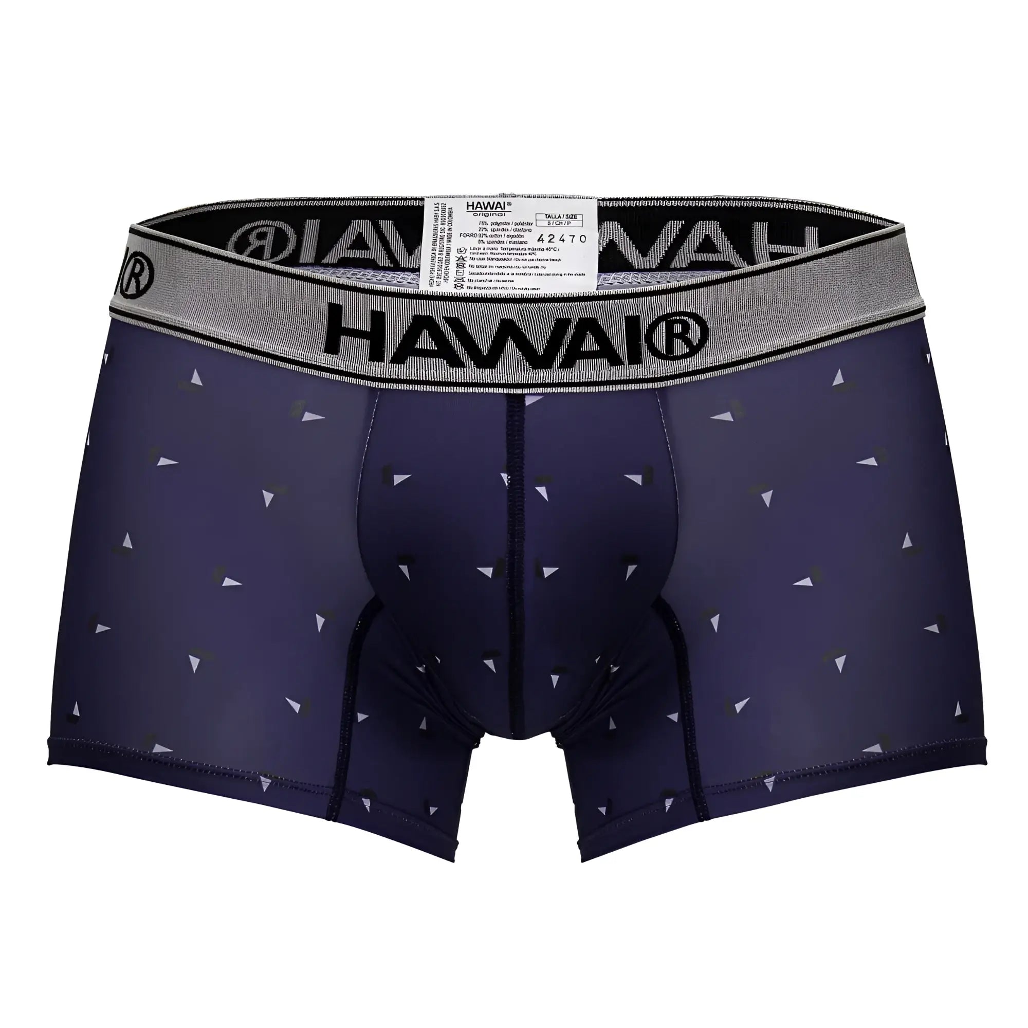 Navy blue hawai 42470 printed microfiber boxer briefs with subtle white and gray triangle pattern
