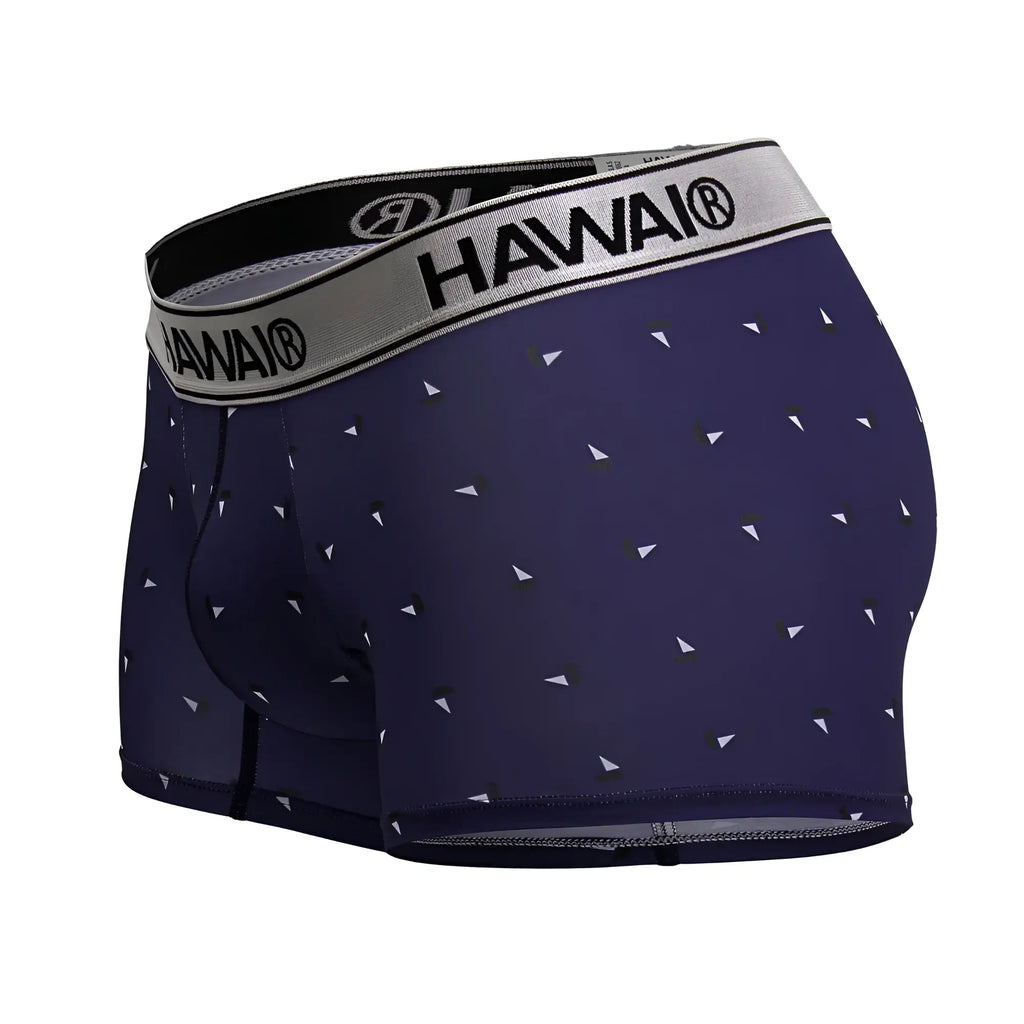 Navy blue hawaiian men’s microfiber boxer briefs with white triangle pattern and gray waistband featuring hawaii logo