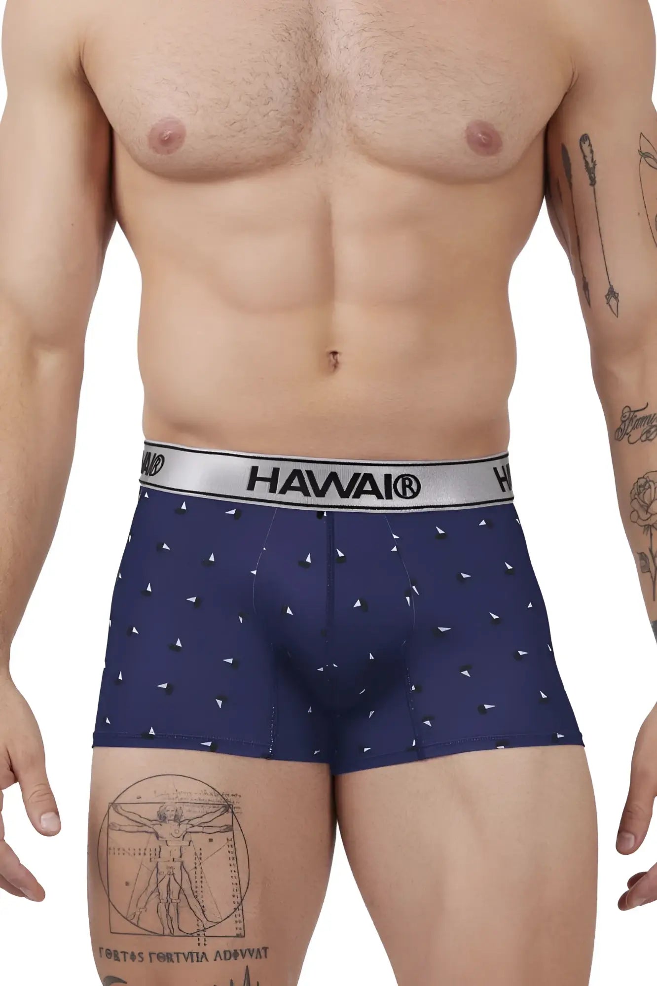 Navy blue men’s microfiber boxer briefs with subtle white triangle pattern and silver waistband featuring Hawai brand name