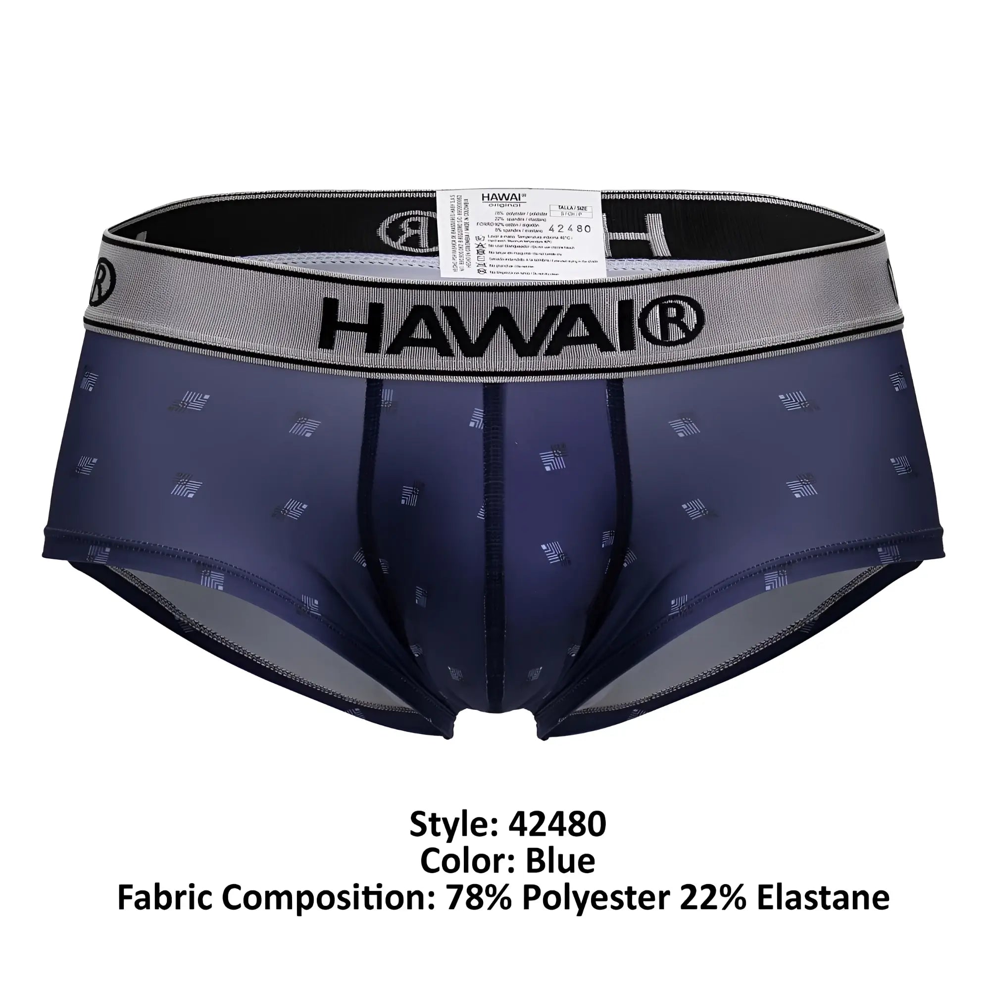Blue hawai 42480 printed microfiber men’s briefs in blue with a subtle geometric pattern and gray elastic waistband