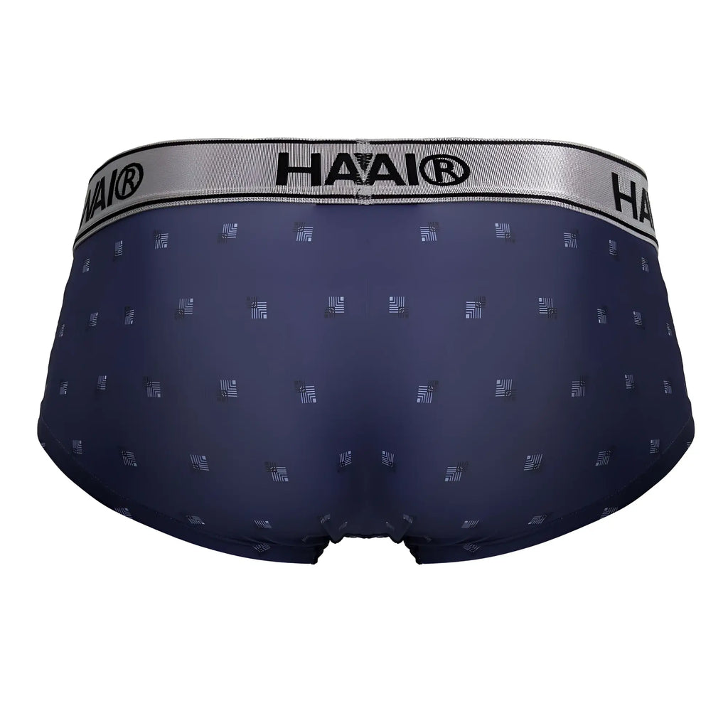 Navy blue haai men’s microfiber briefs with subtle geometric pattern and silver waistband hawai 42480 printed design