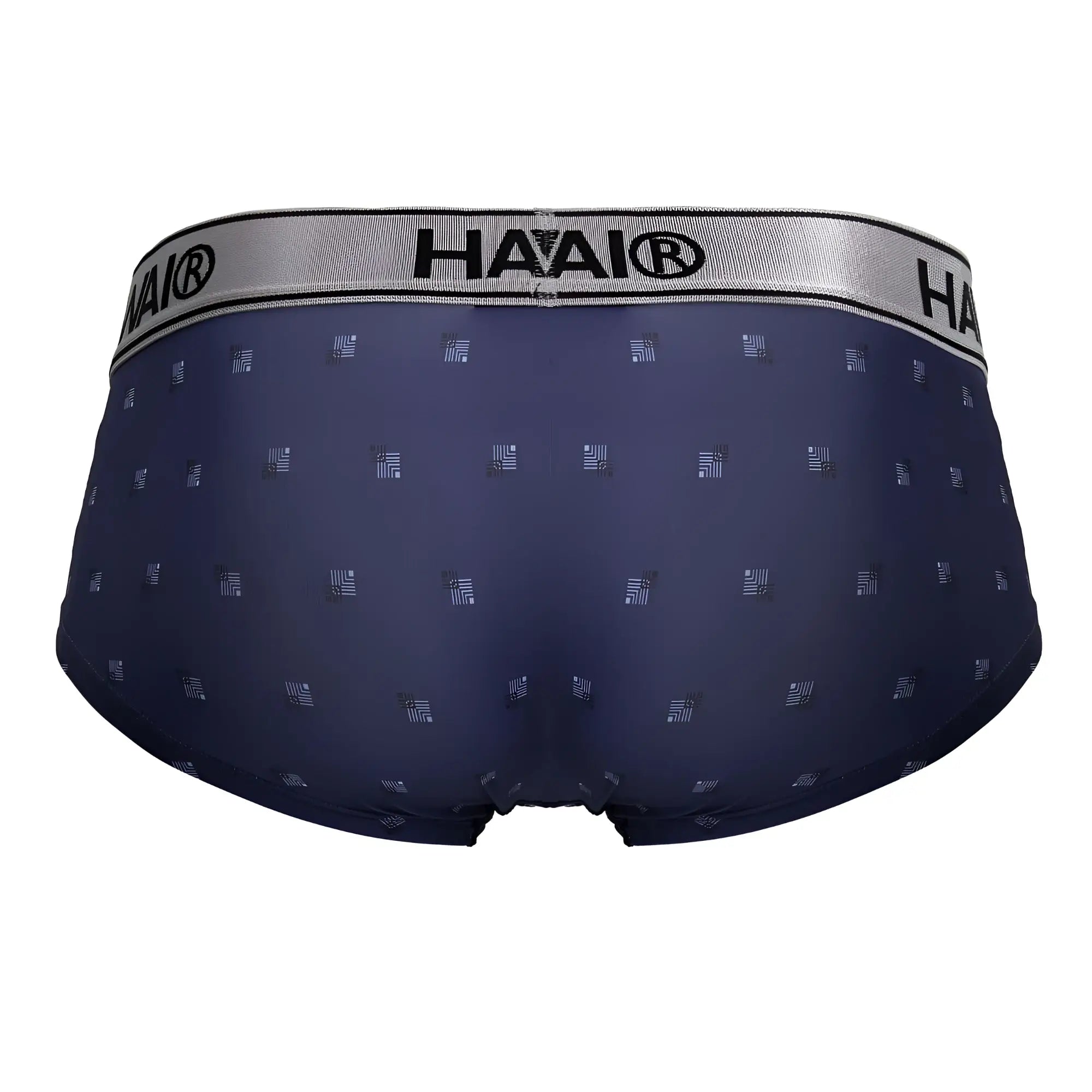 Navy blue haai men’s microfiber briefs with subtle geometric pattern and silver waistband hawai 42480 printed design