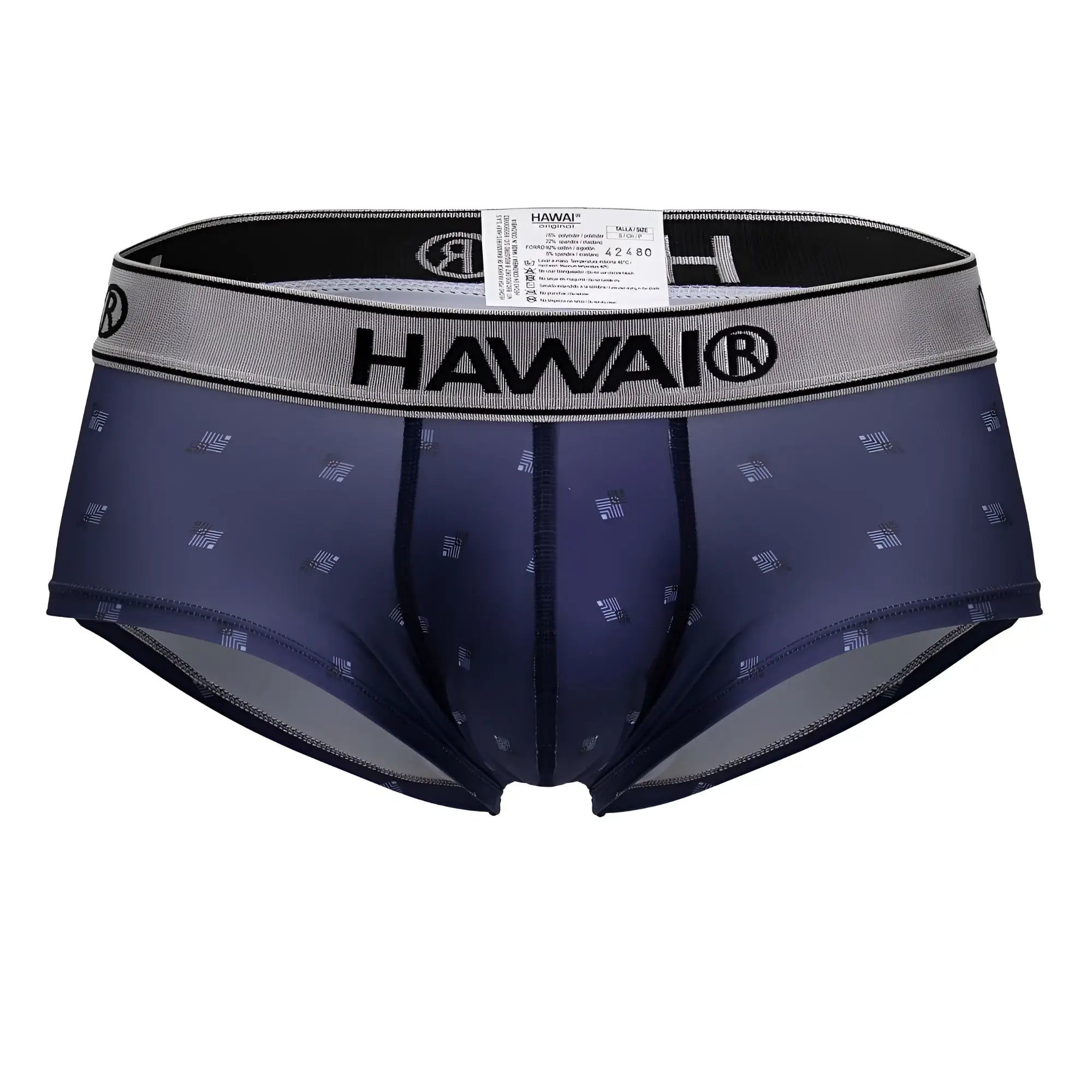 Navy blue hawai mens microfiber briefs with subtle geometric pattern and gray elastic waistband model 42480