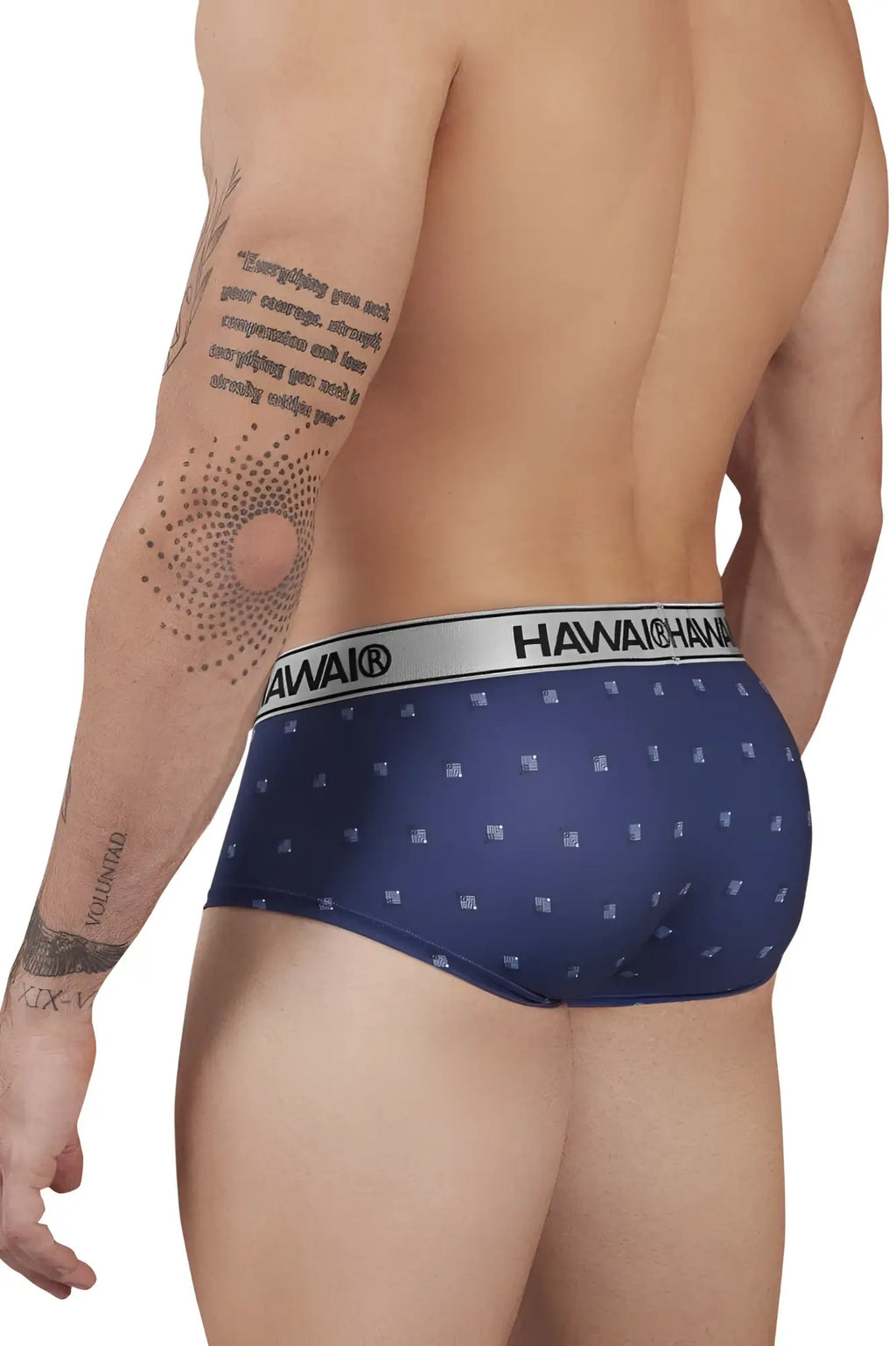 Navy blue hawaiian printed microfiber briefs with subtle white pattern and silver waistband featuring hawaiian brand name