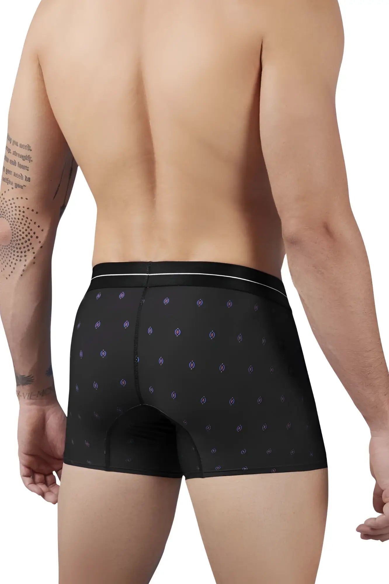 Black hawai 42520 printed microfiber trunks with subtle light blue diamond pattern and white waistband trim