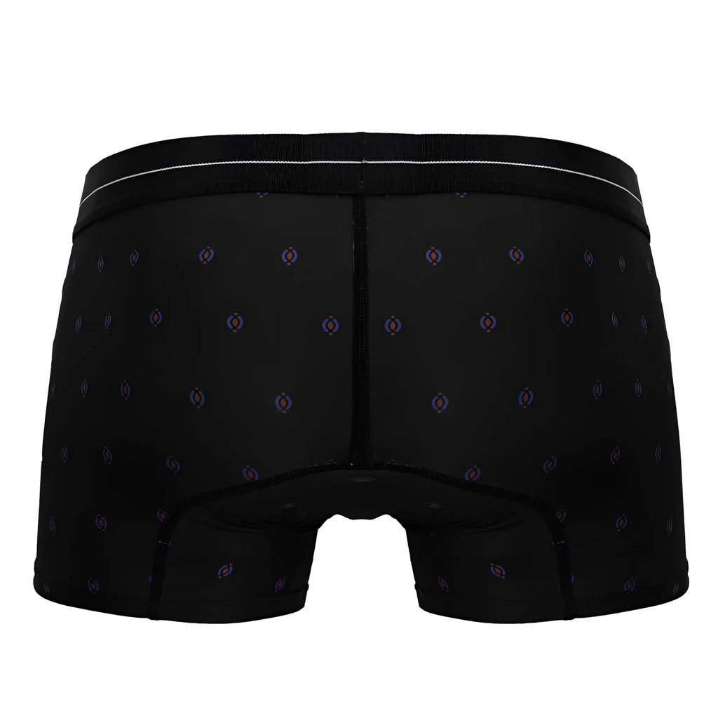 Black HAWAI 42520 printed microfiber boxer briefs with purple and blue geometric pattern and white waistband trim