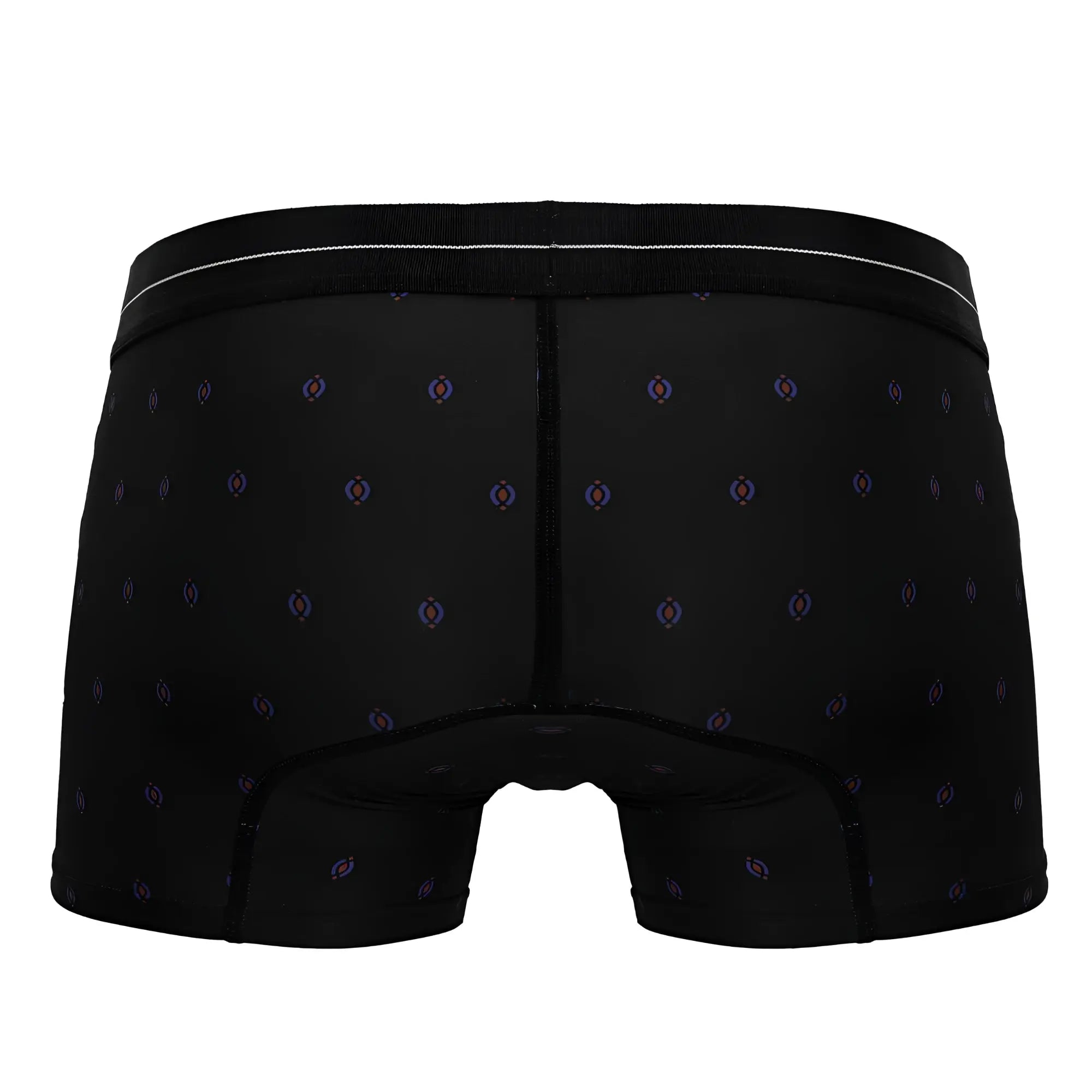 Black HAWAI 42520 printed microfiber boxer briefs with purple and blue geometric pattern and white waistband trim