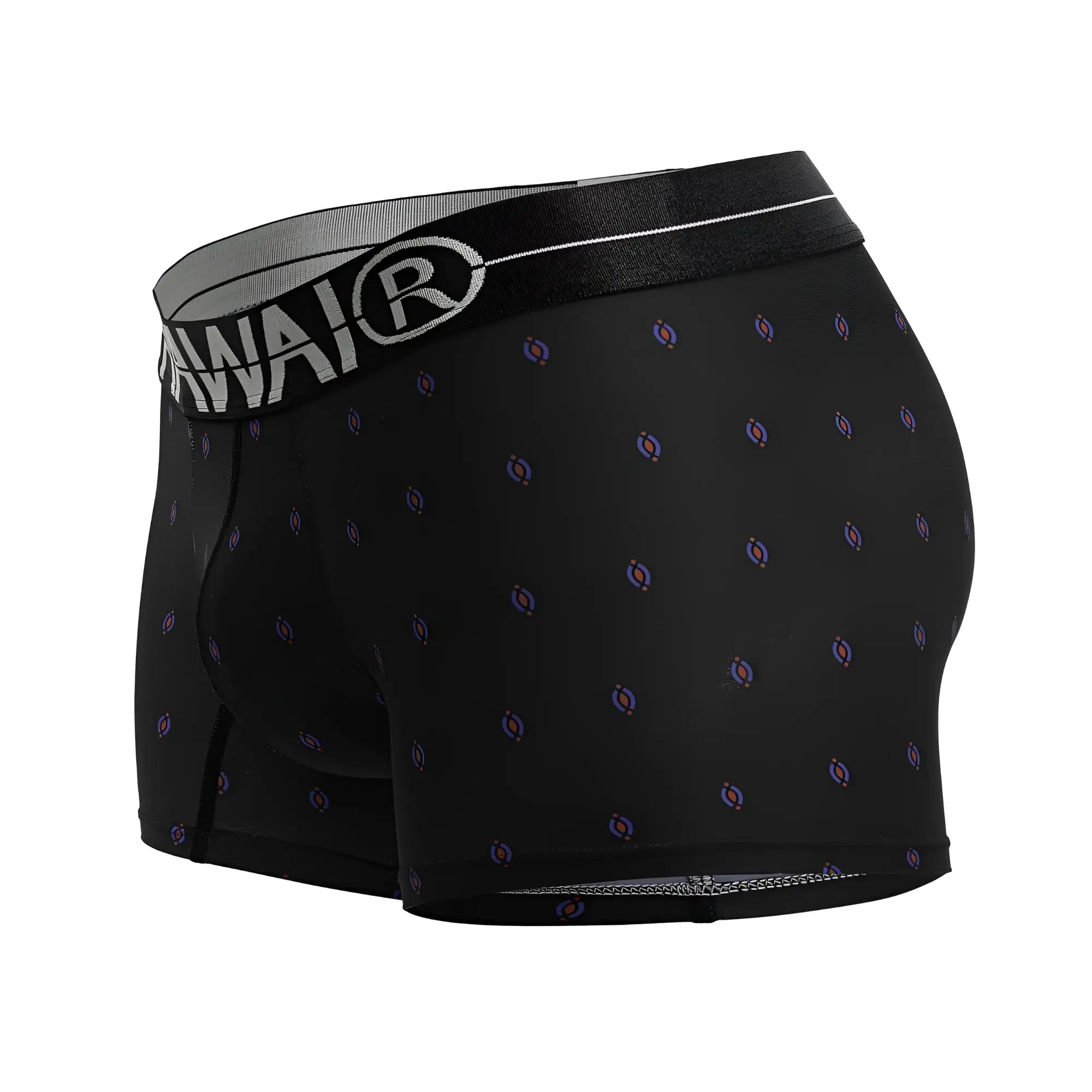 Black hawai 42520 printed microfiber trunks with purple blue circular motifs and a gray wai logo waistband
