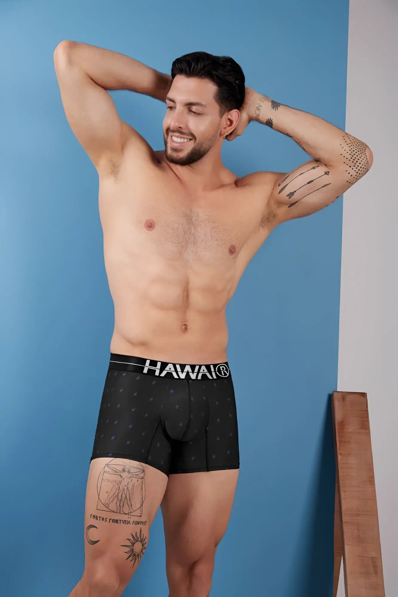 Black hawaiian printed microfiber boxer briefs with subtle dot pattern and hawaii logo on waistband in black color