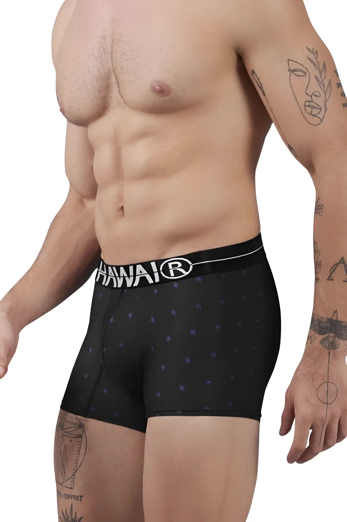 Black hawaiian boxer briefs with subtle blue dot pattern and white logo waistband made from printed microfiber
