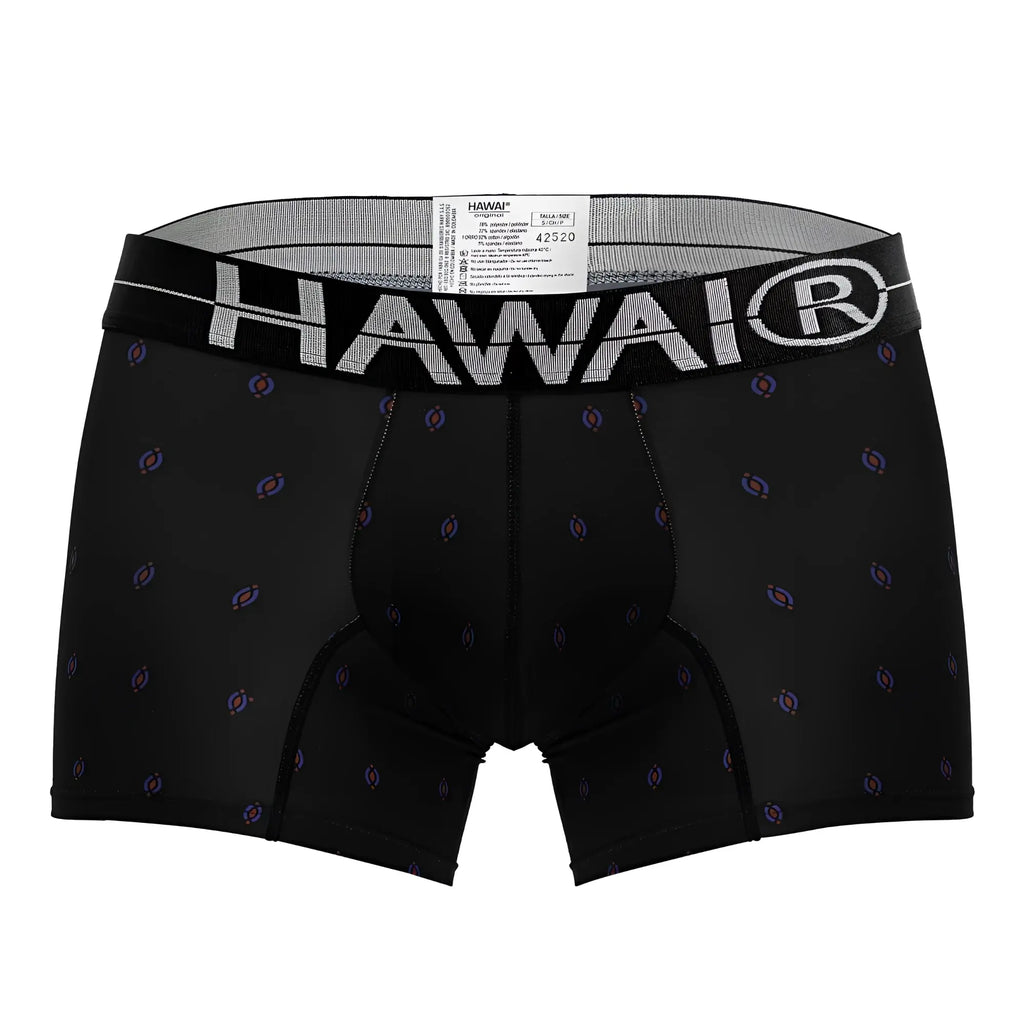 Black hawaiian microfiber boxer briefs with subtle purple blue pattern and bold white hawaii logo on waistband