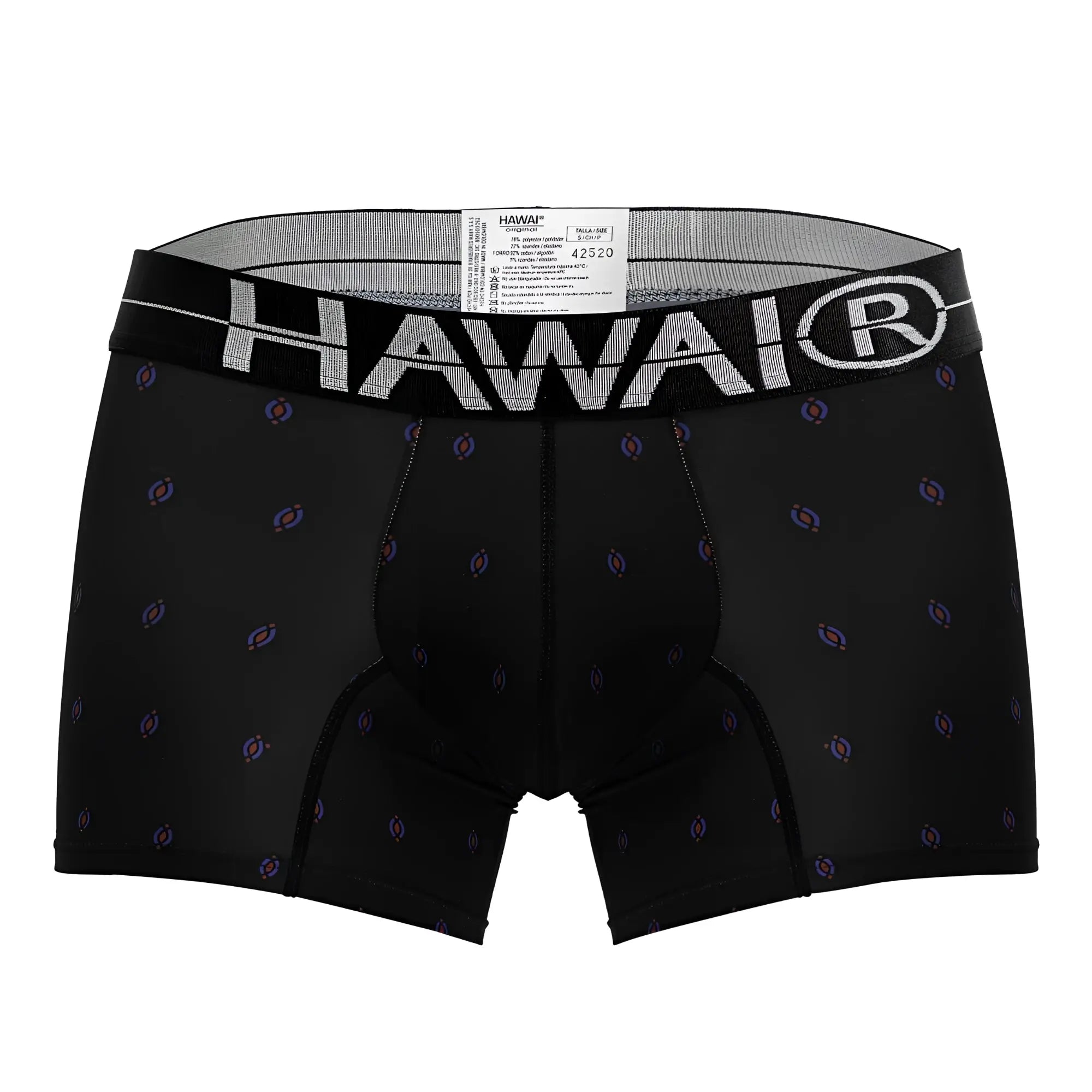 Black hawaiian microfiber boxer briefs with subtle purple blue pattern and bold white hawaii logo on waistband