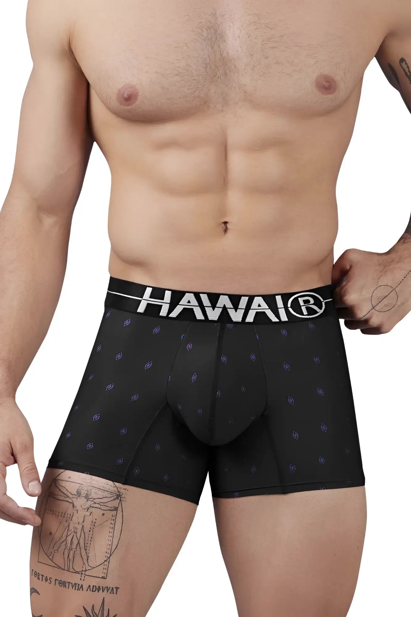 Black hawaiian microfiber boxer briefs with white elastic waistband featuring hawaii logo and subtle purple dot pattern