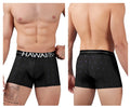 Black hawaiian printed microfiber boxer briefs with white hawaii waistband and subtle blue diamond patterns