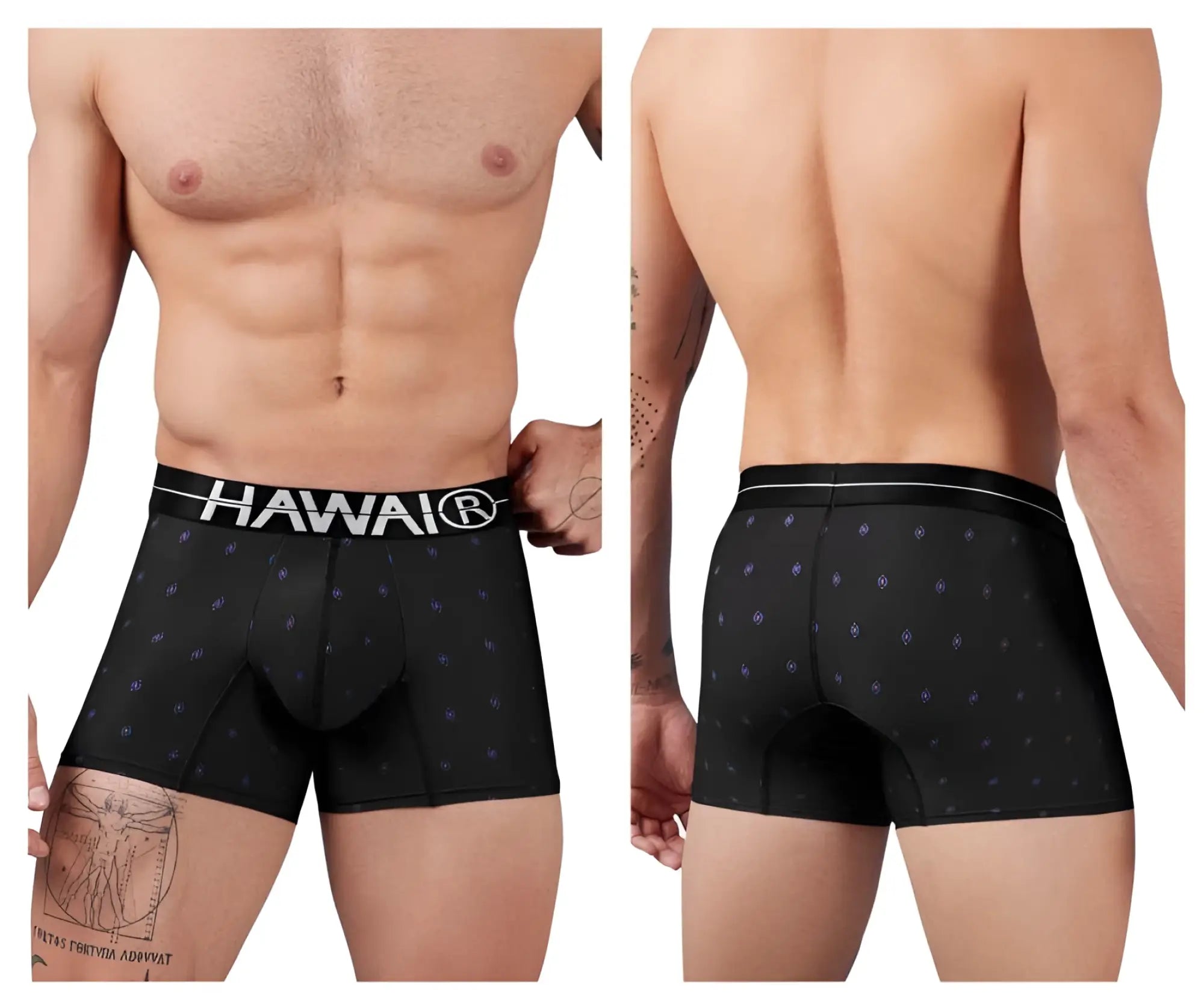 Black hawaiian printed microfiber boxer briefs with white hawaii waistband and subtle blue diamond patterns