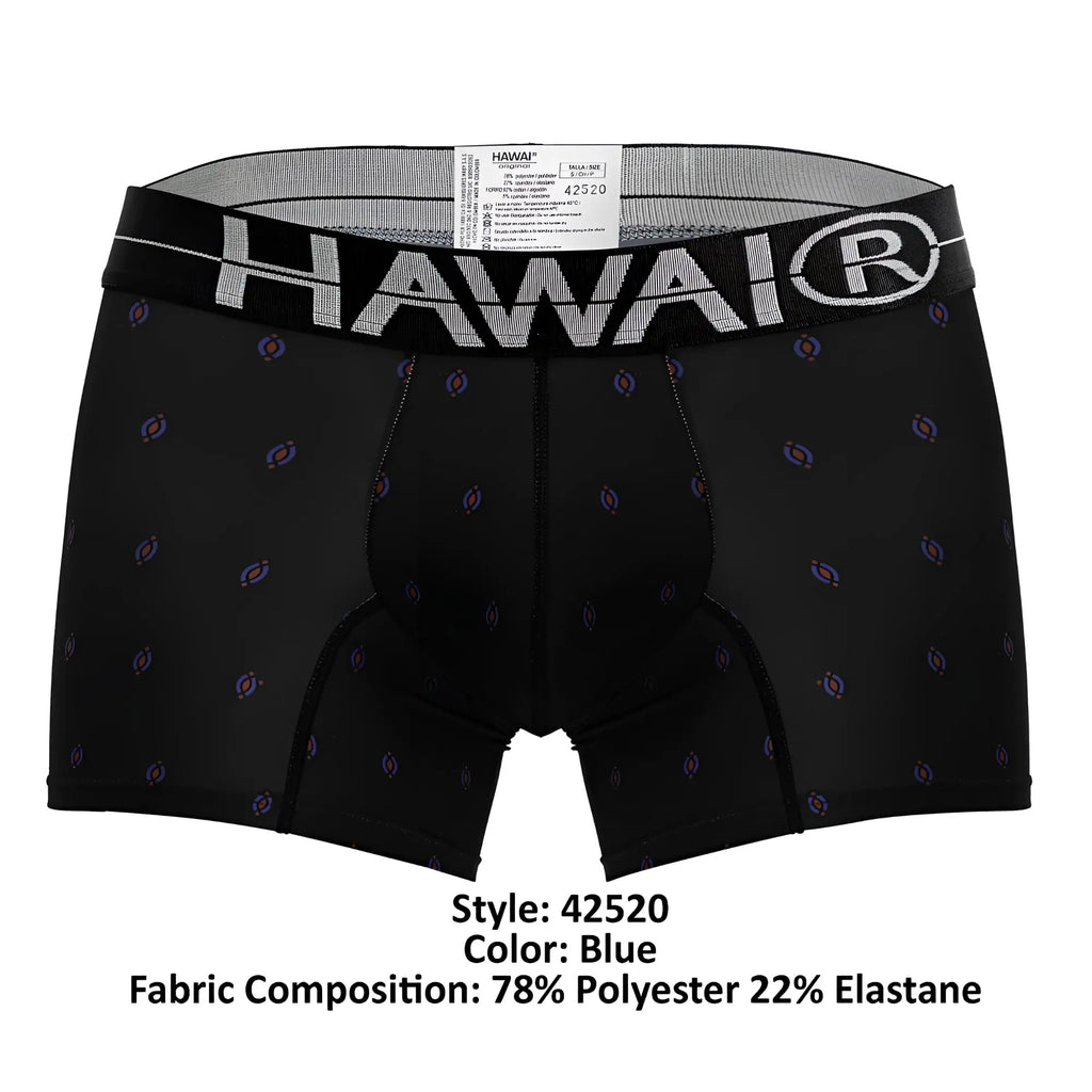 Black men’s microfiber boxer briefs with gray waistband and purple blue circular patterns by hawai 42520 printed trunks