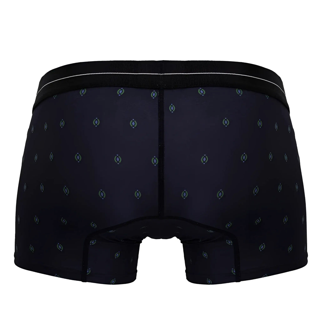 Black hawaï 42520 printed microfiber trunks with light blue and gray geometric pattern and black waistband with white stripe