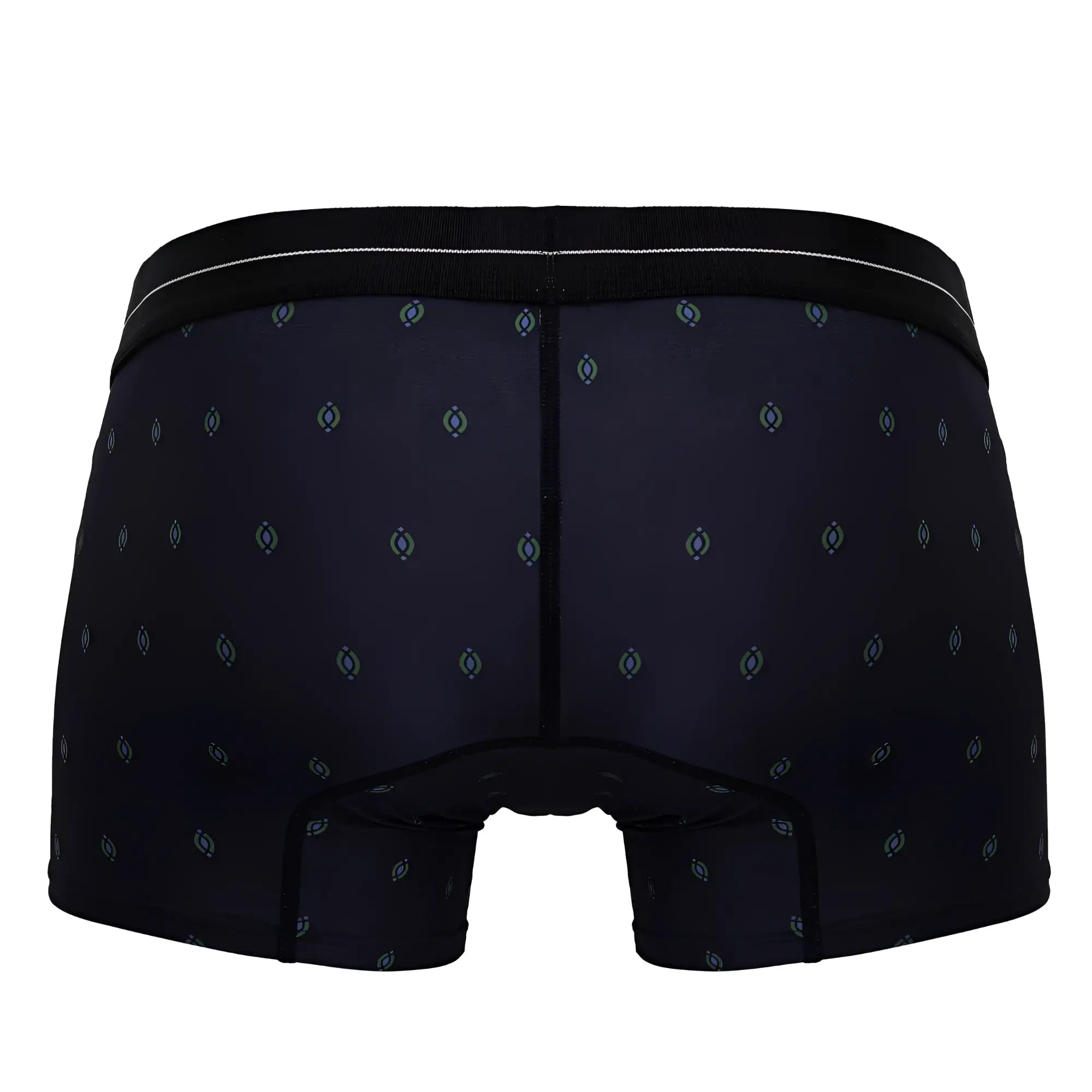 Black hawaï 42520 printed microfiber trunks with light blue and gray geometric pattern and black waistband with white stripe