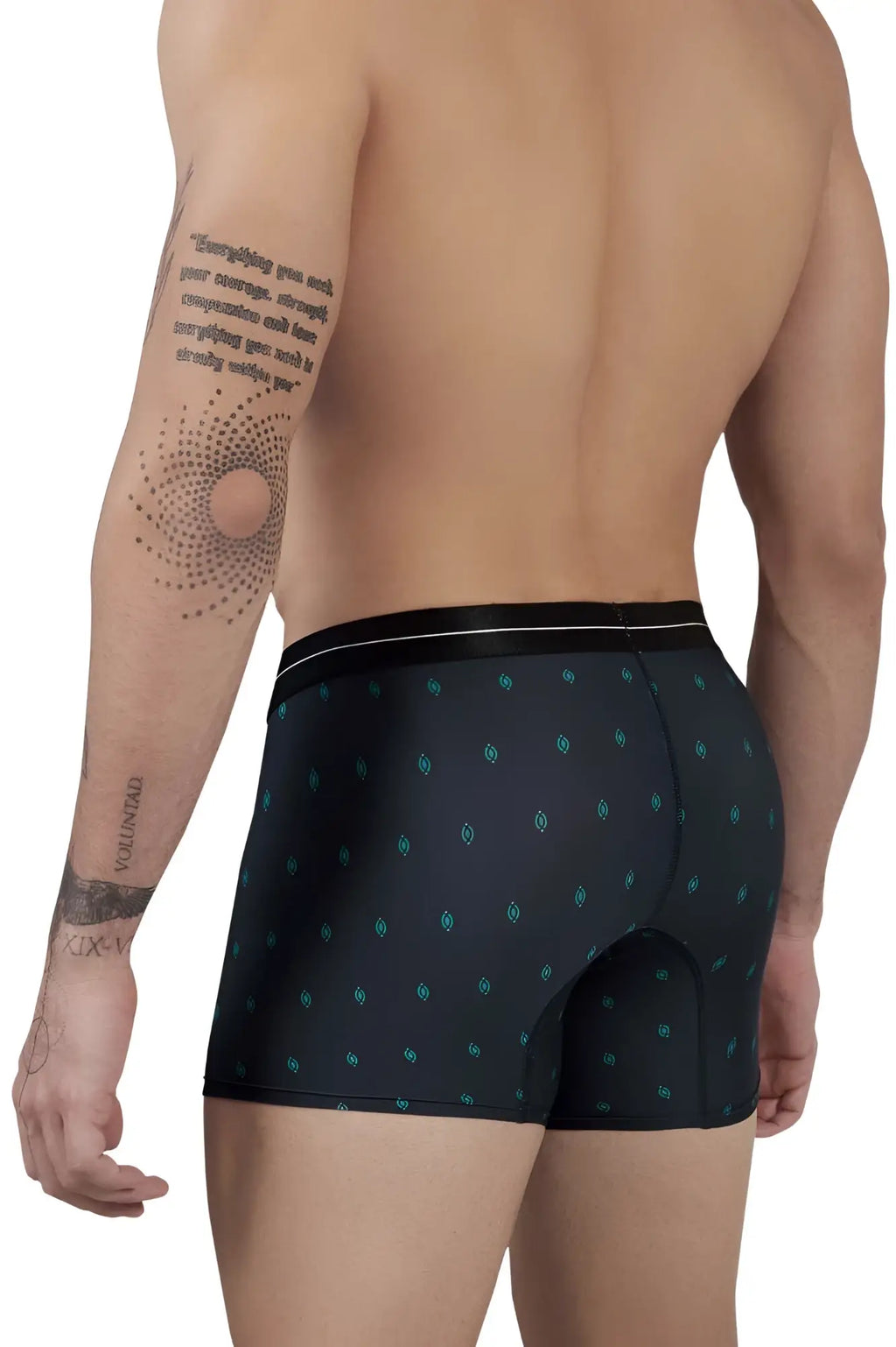 Black hawaI 42520 printed microfiber trunks with subtle teal geometric pattern and contrasting black waistband