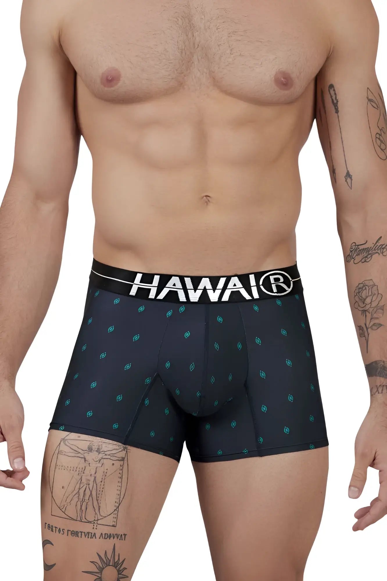 Black microfiber boxer briefs with hawai brand white waistband and teal leaf print in dark blue color