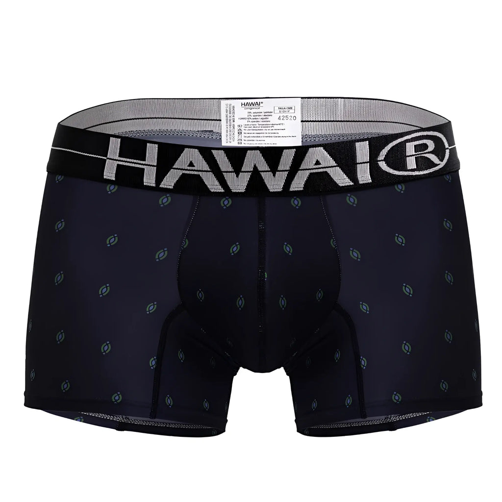 Black hawaiian microfiber boxer briefs in dark blue with subtle gray pattern and white hawaii branding on waistband
