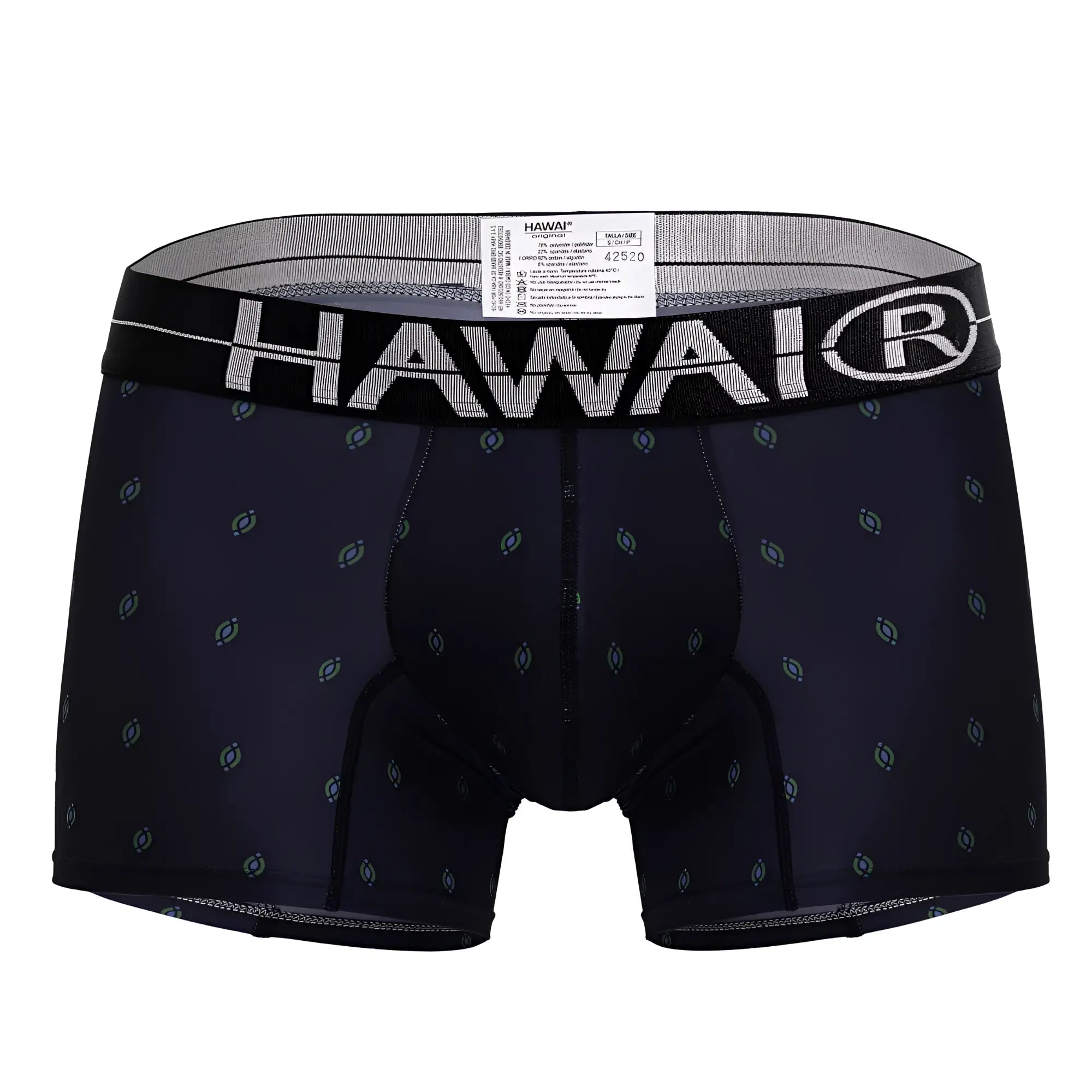 Black hawaiian microfiber boxer briefs in dark blue with subtle gray pattern and white hawaii branding on waistband