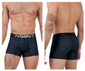 Black hawaiian boxer briefs with teal leaf patterns and a white hawaii waistband made of printed microfiber dark blue