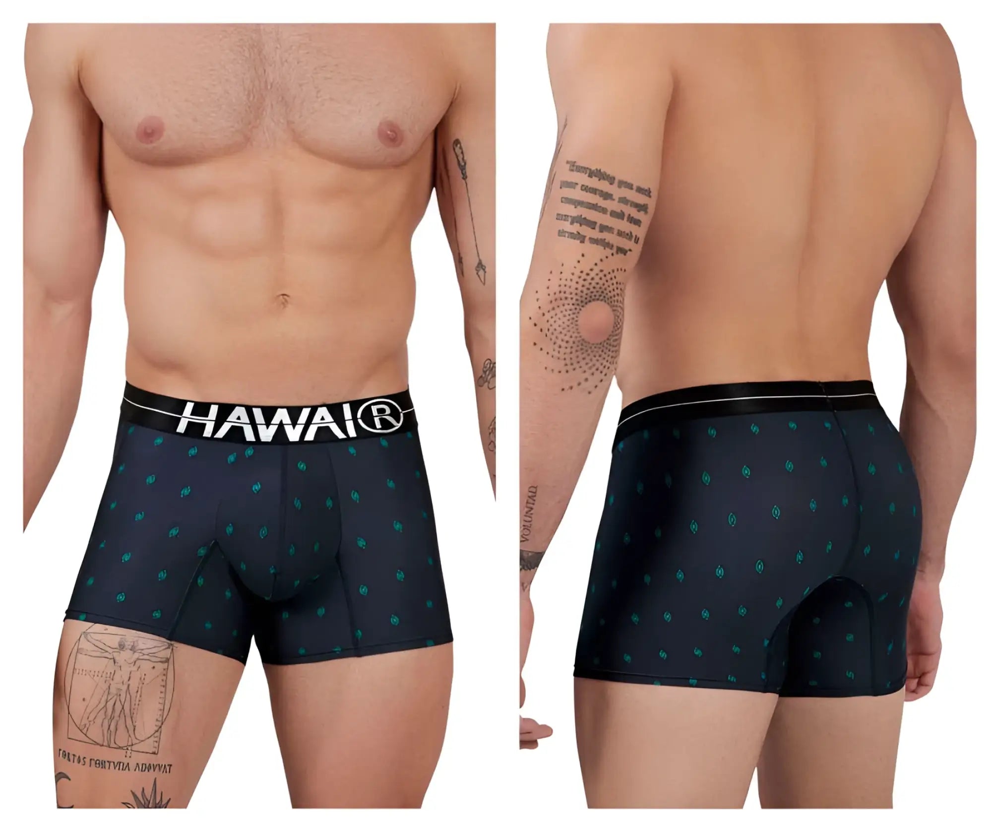 Black hawaiian boxer briefs with teal leaf patterns and a white hawaii waistband made of printed microfiber dark blue