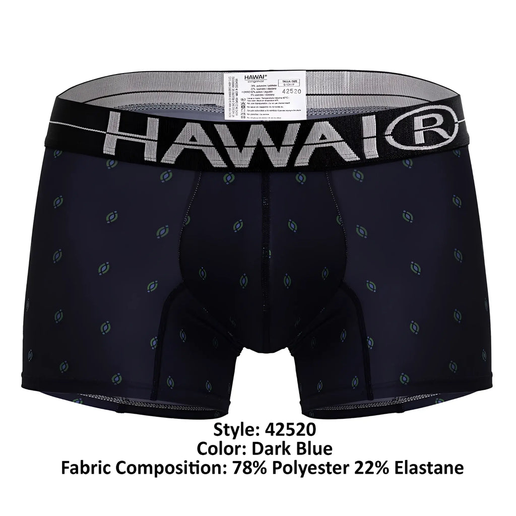 Dark blue hawaiian printed microfiber boxer briefs with light gray oval pattern and black waistband featuring brand name