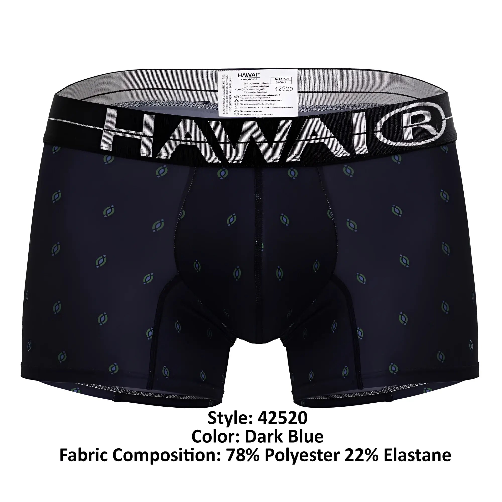 Dark blue hawaiian printed microfiber boxer briefs with light gray oval pattern and black waistband featuring brand name