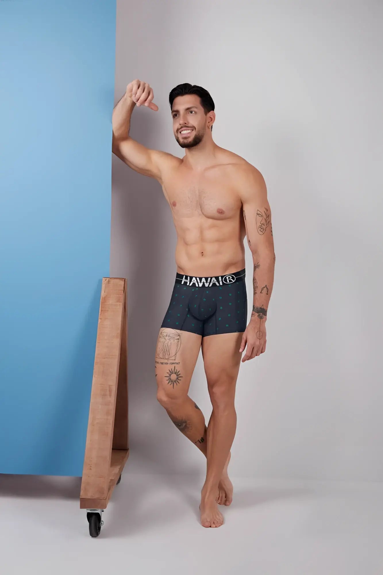 Dark blue hawaiki 42520 printed microfiber trunks with subtle pattern and white branding on the waistband