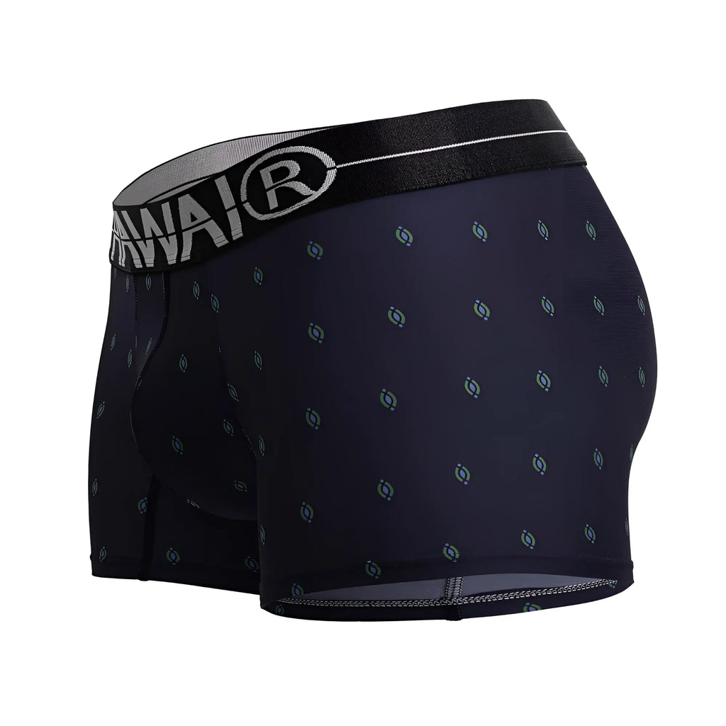 Dark navy microfiber boxer briefs with light blue and gray circular print and black elastic waistband with awai logo