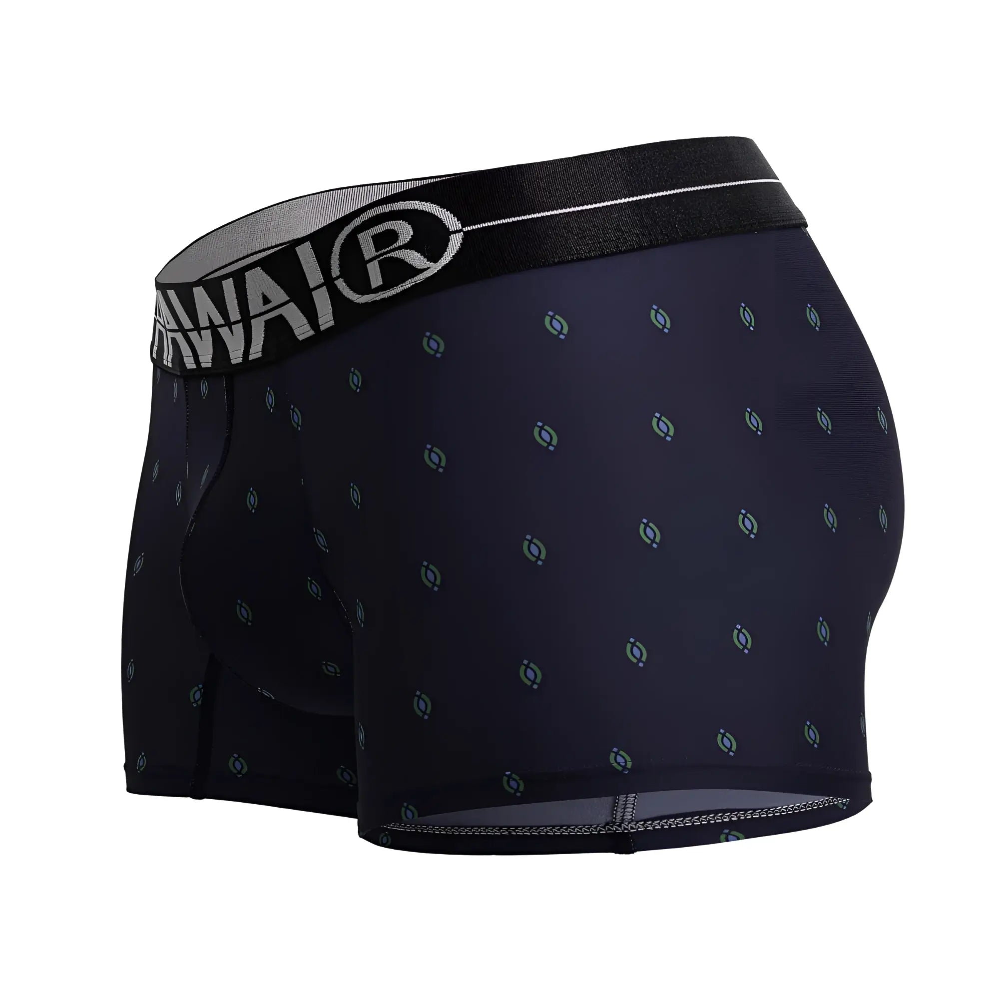Dark navy microfiber boxer briefs with light blue and gray circular print and black elastic waistband with awai logo