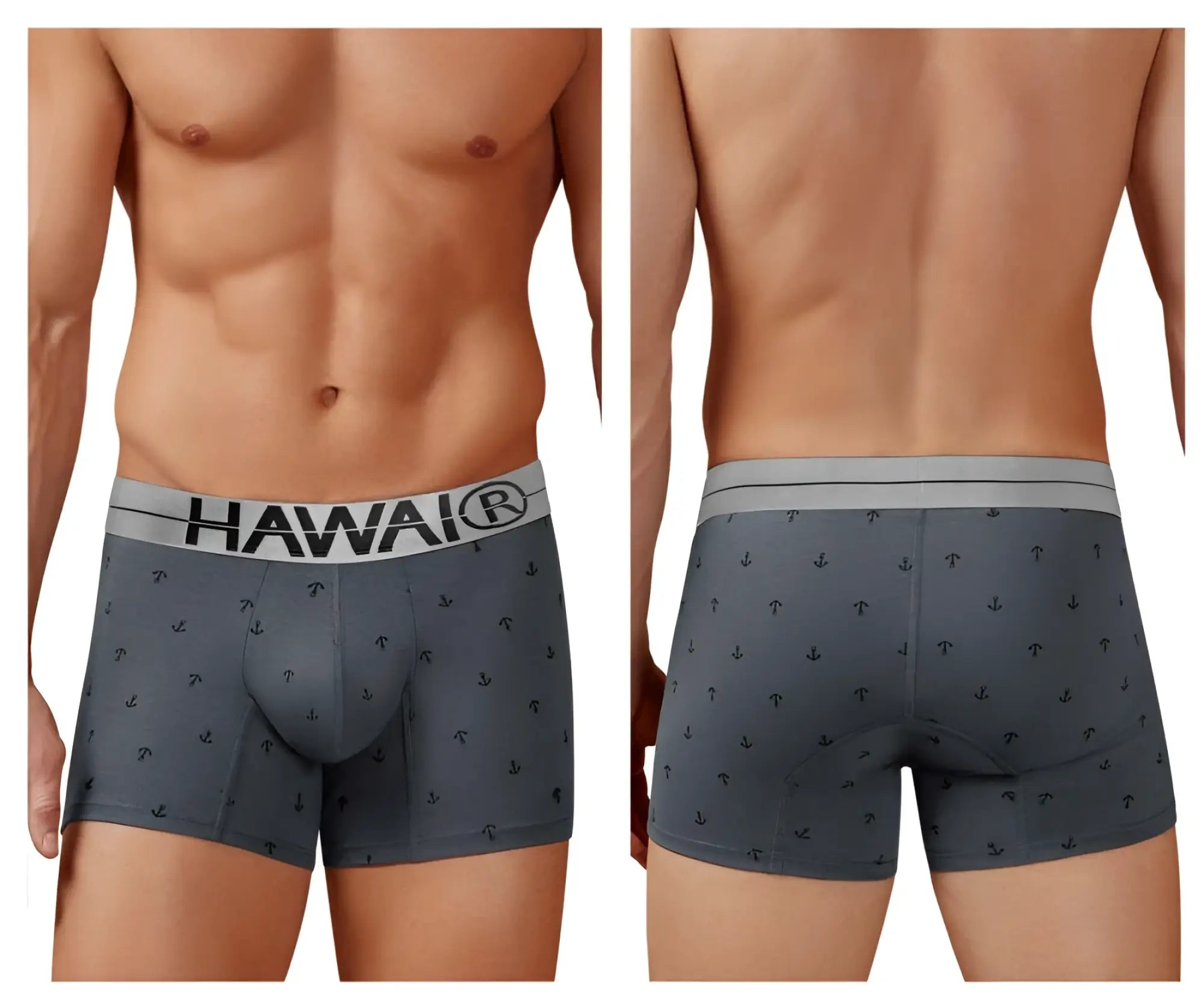 Gray cotton blend boxer briefs with subtle black anchor pattern and white waistband featuring hawaii brand name