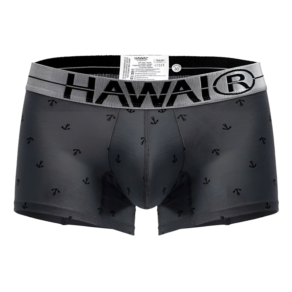 Gray hawai boxer briefs with black anchor pattern and gray waistband featuring the brand logo cotton blend trunks