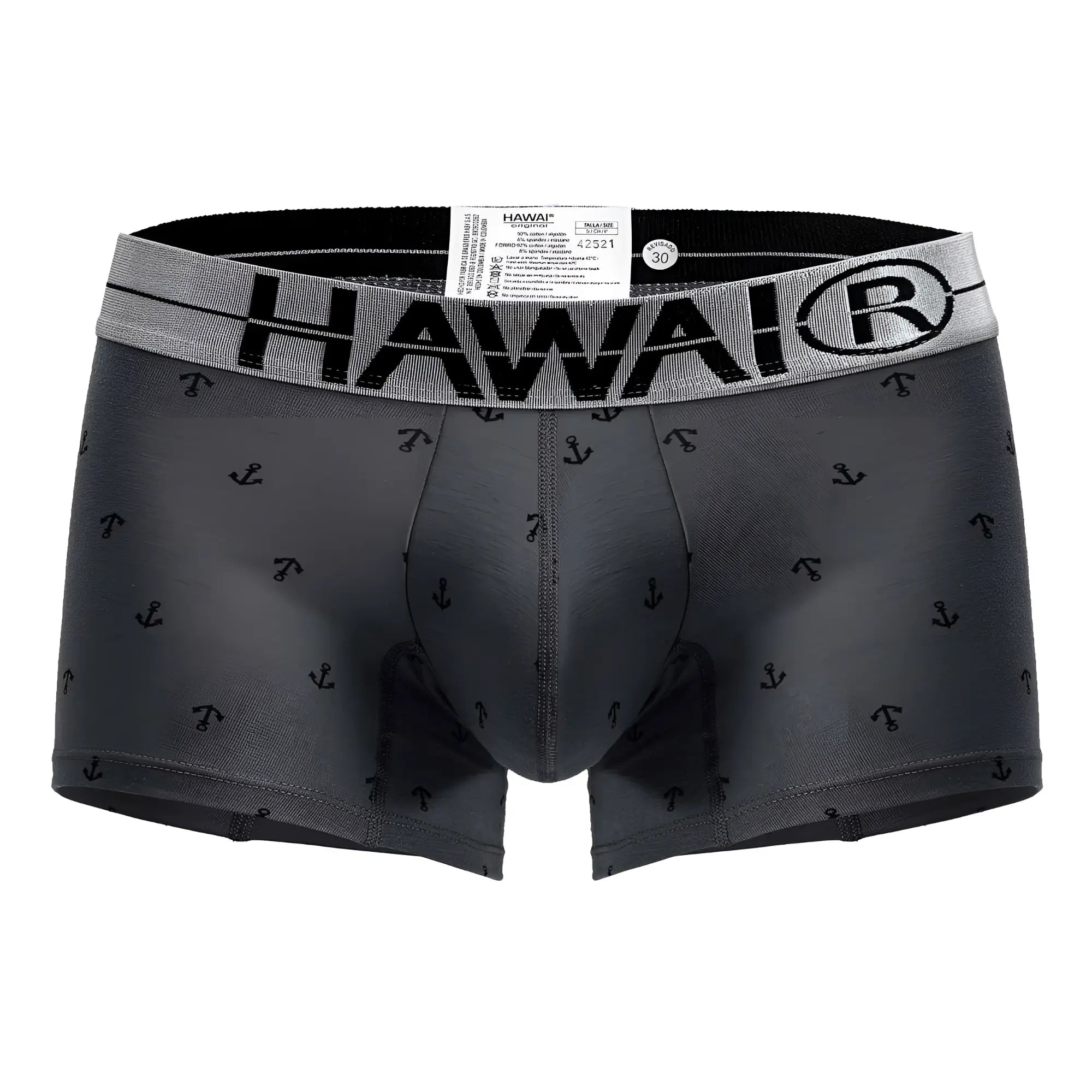 Gray hawai boxer briefs with black anchor pattern and gray waistband featuring the brand logo cotton blend trunks