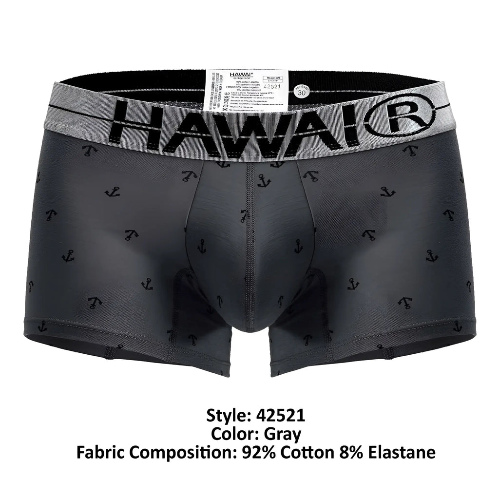 Gray hawai men’s cotton blend boxer briefs with black anchor pattern and elastic waistband trunks color gray