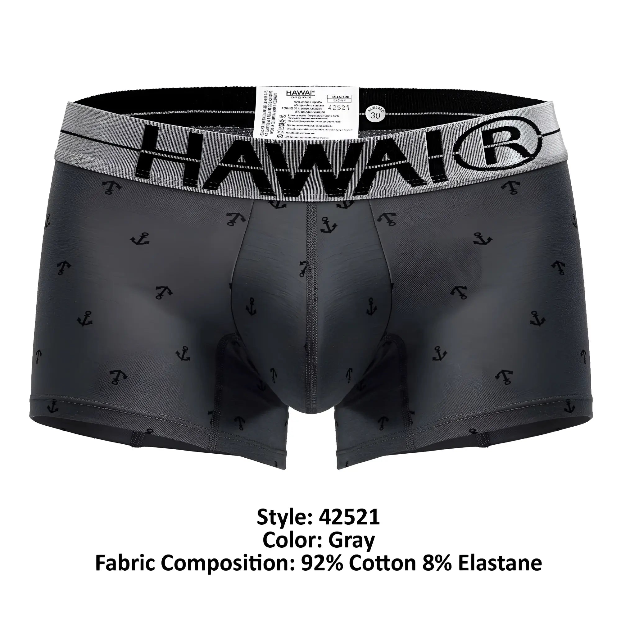 Gray hawai men’s cotton blend boxer briefs with black anchor pattern and elastic waistband trunks color gray