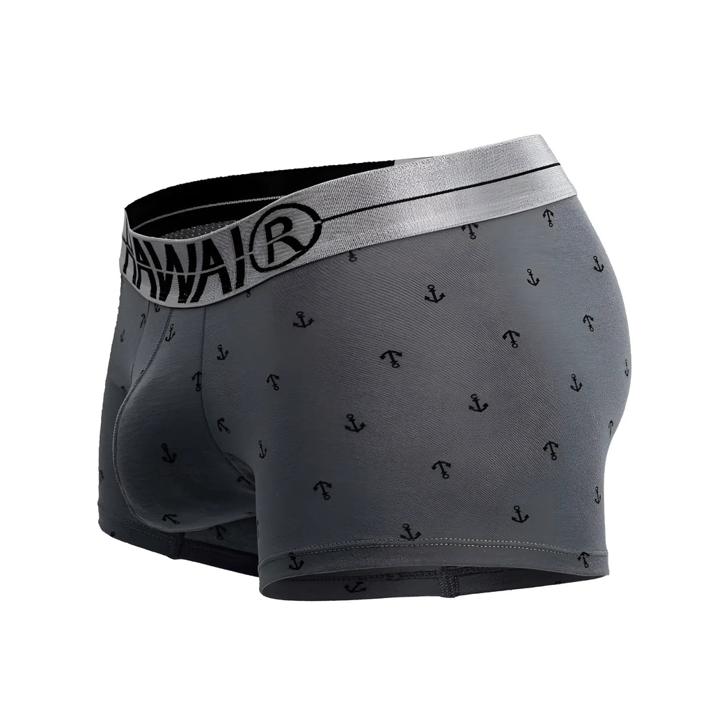 Gray men’s cotton blend boxer briefs with black anchor pattern and silver waistband featuring hawai logo