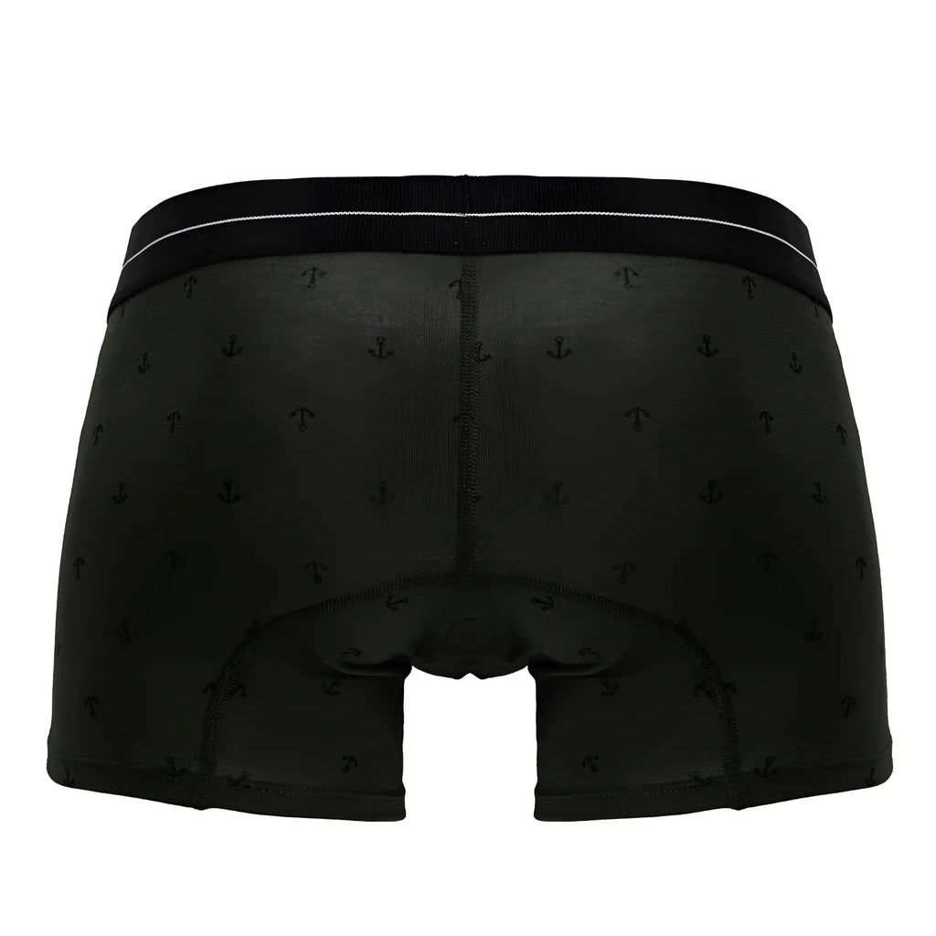 Black boxer briefs with subtle anchor pattern and white waistband trim in cotton blend military green trunks hawai 42521