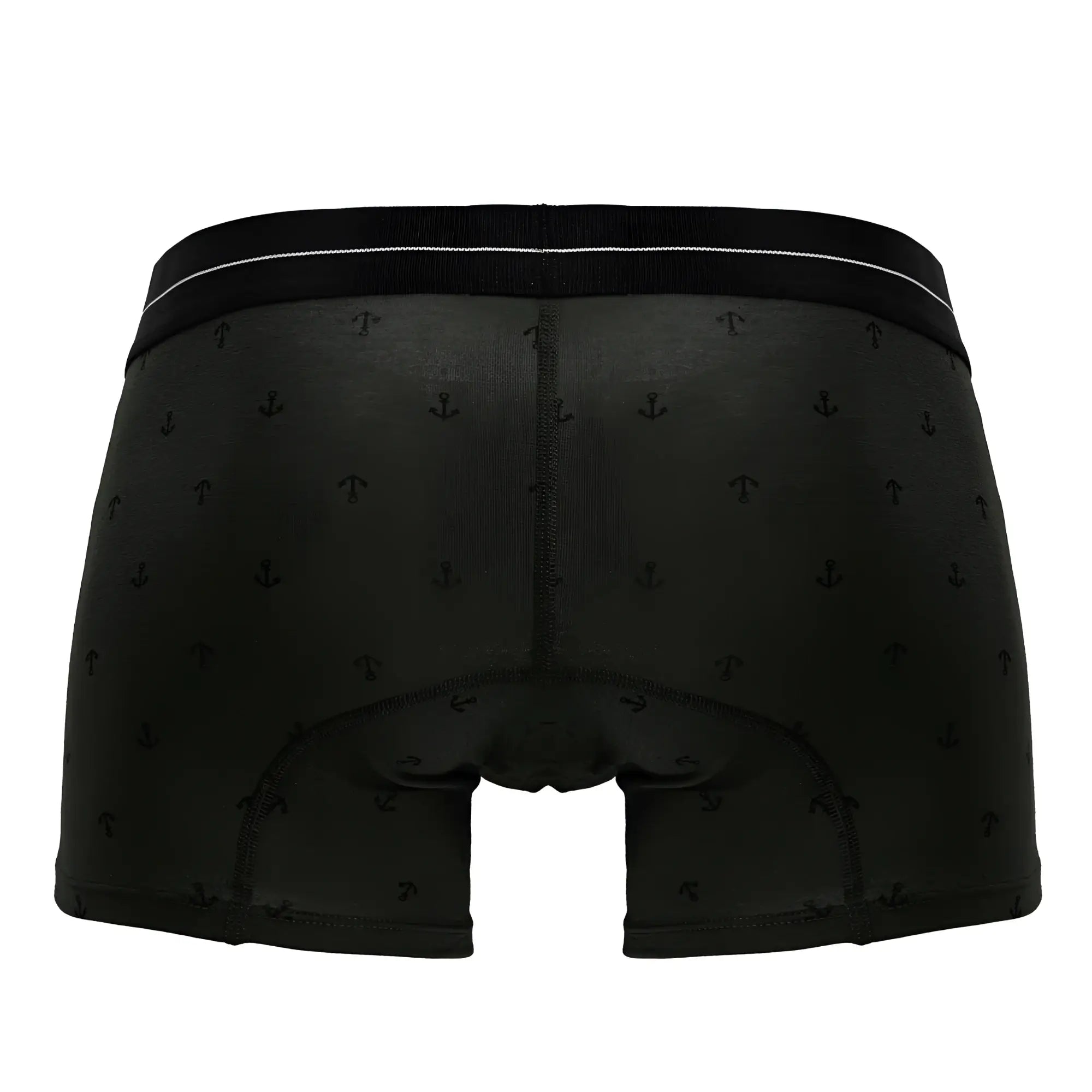 Black boxer briefs with subtle anchor pattern and white waistband trim in cotton blend military green trunks hawai 42521